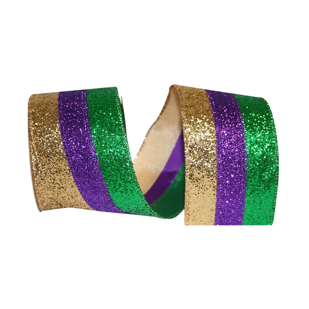 Reliant 2.5" x 5yd. Glitter Wired Mardi Gras Stripe Ribbon