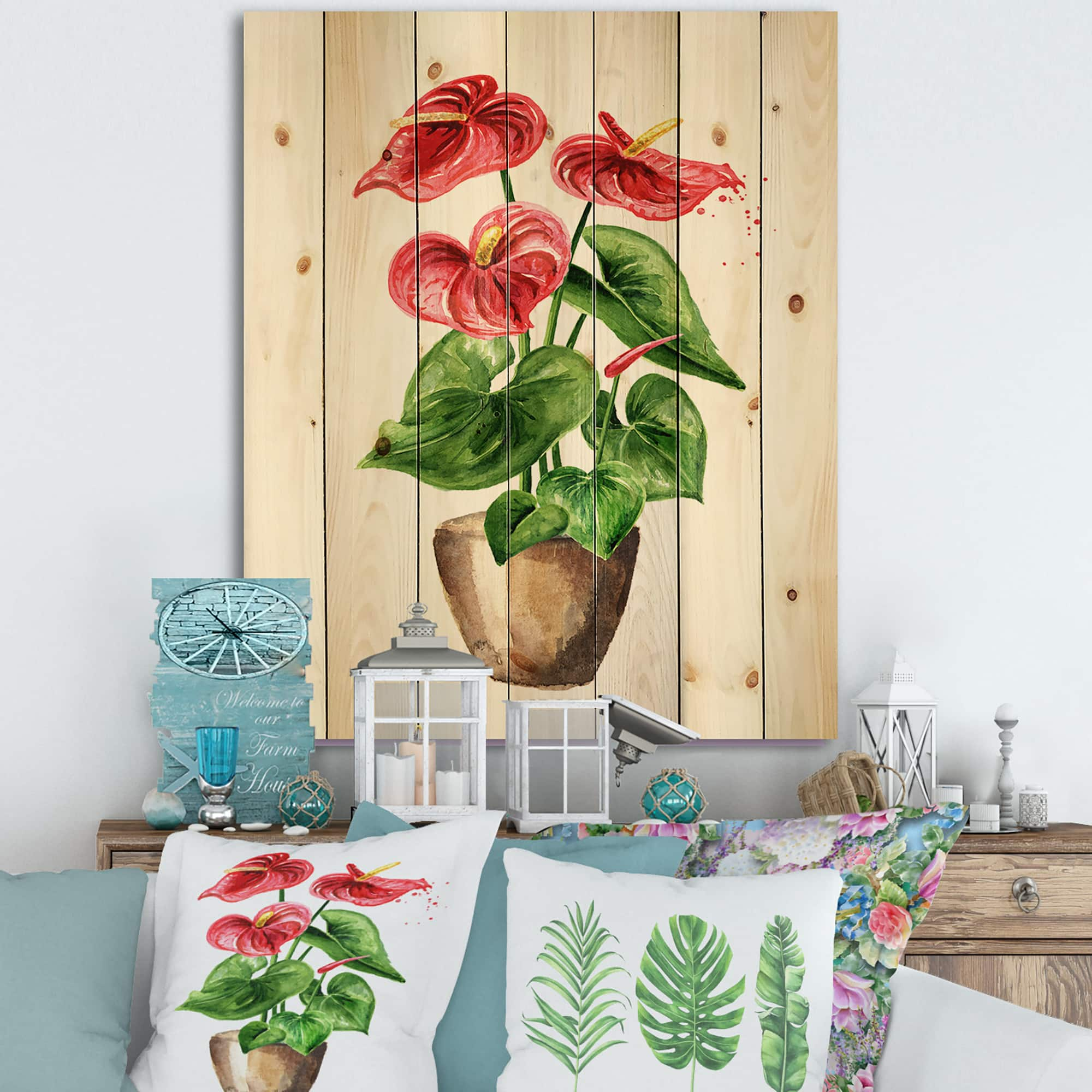 Designart - Anthurium Tailflower Or Flamingo Flower In The Pot - Traditional Print on Natural Pine Wood