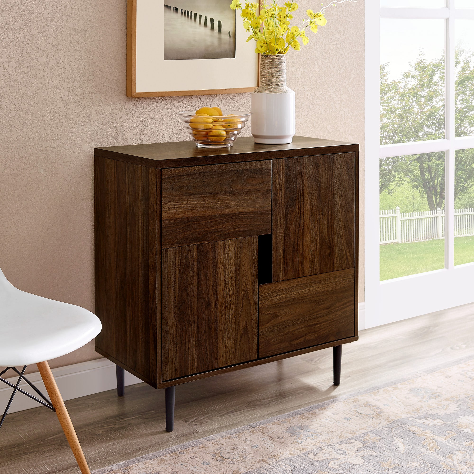 Walker Edison Dark Walnut/Navy Interior Modern Color Pop Accent Cabinet