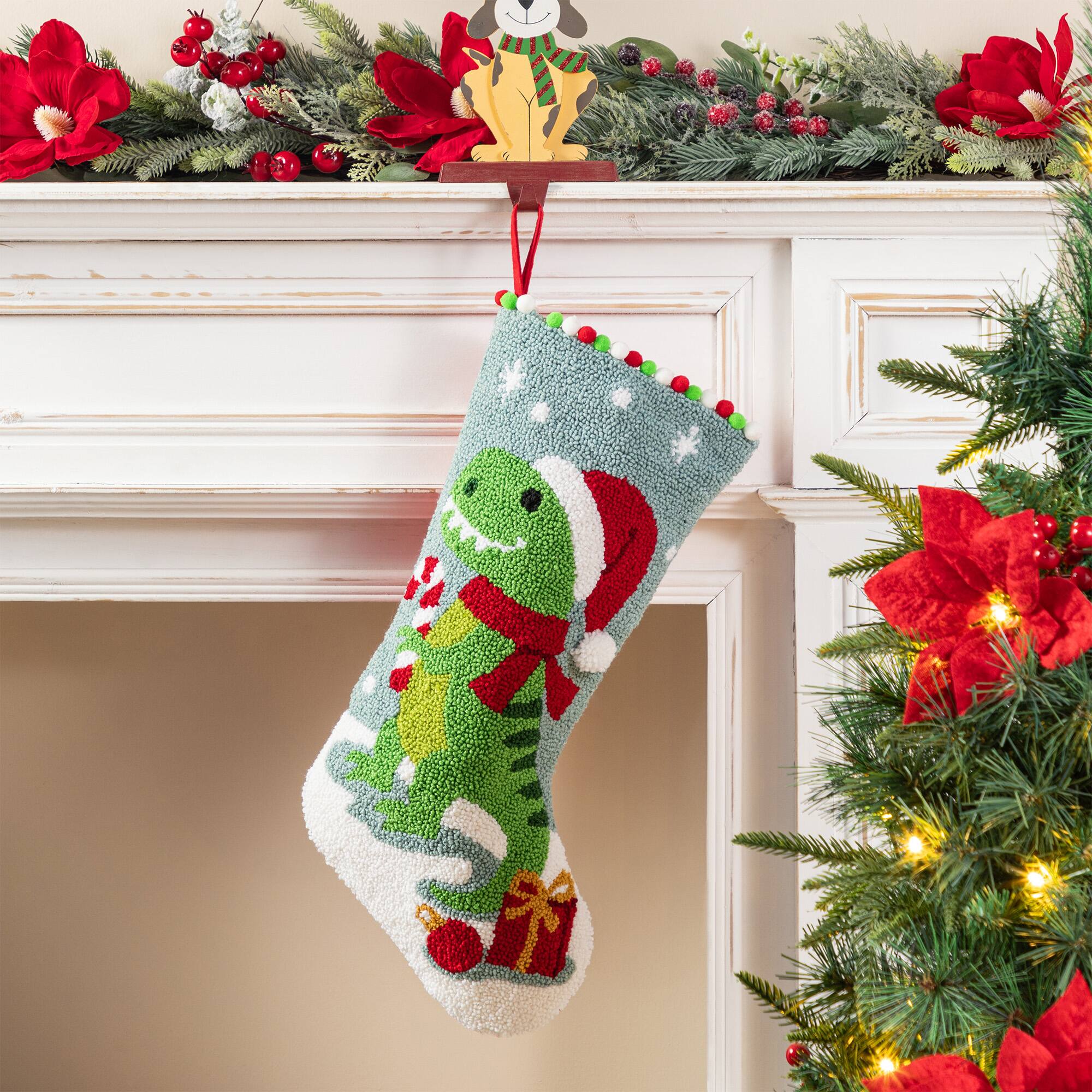 Glitzhome&#xAE; 21&#x22;L Hooked Christmas Dinosaur Stocking
