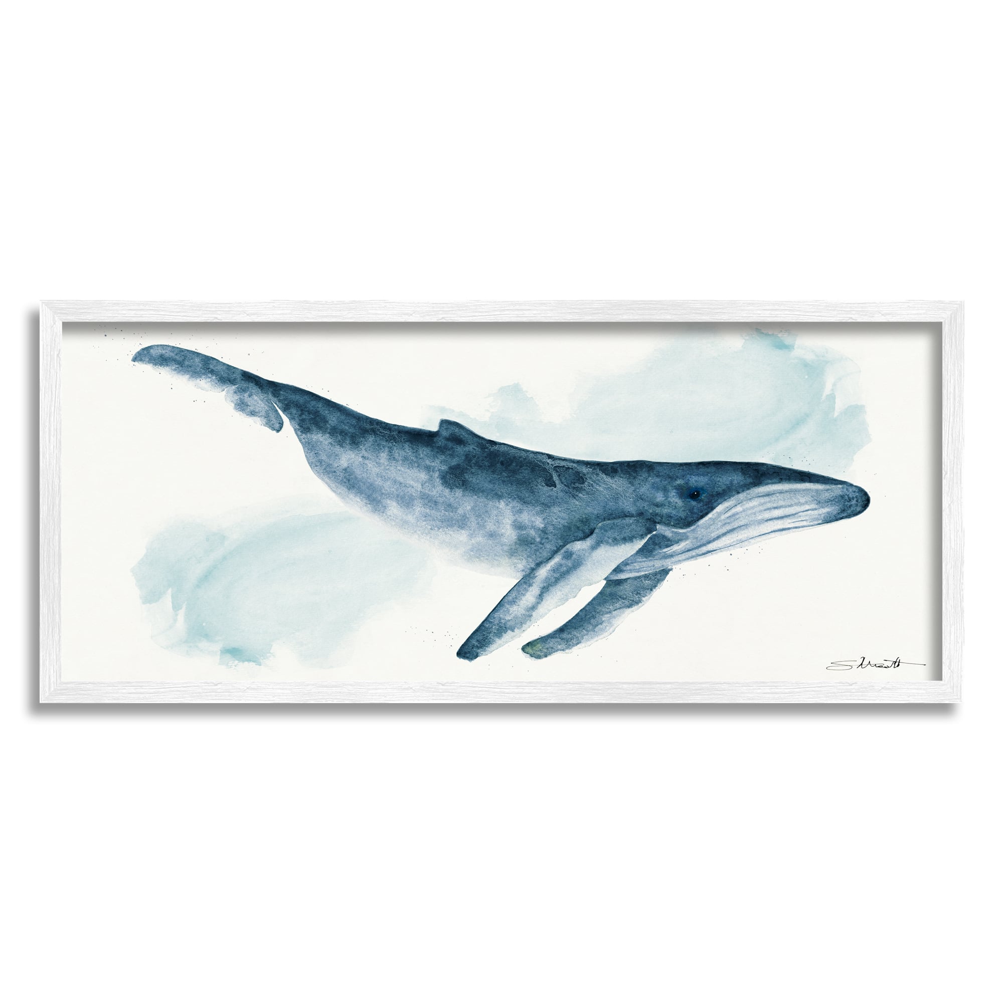 Stupell Industries Nautical Humpback Whale Marine Animal Blue Watercolor Painting Framed Wall Art