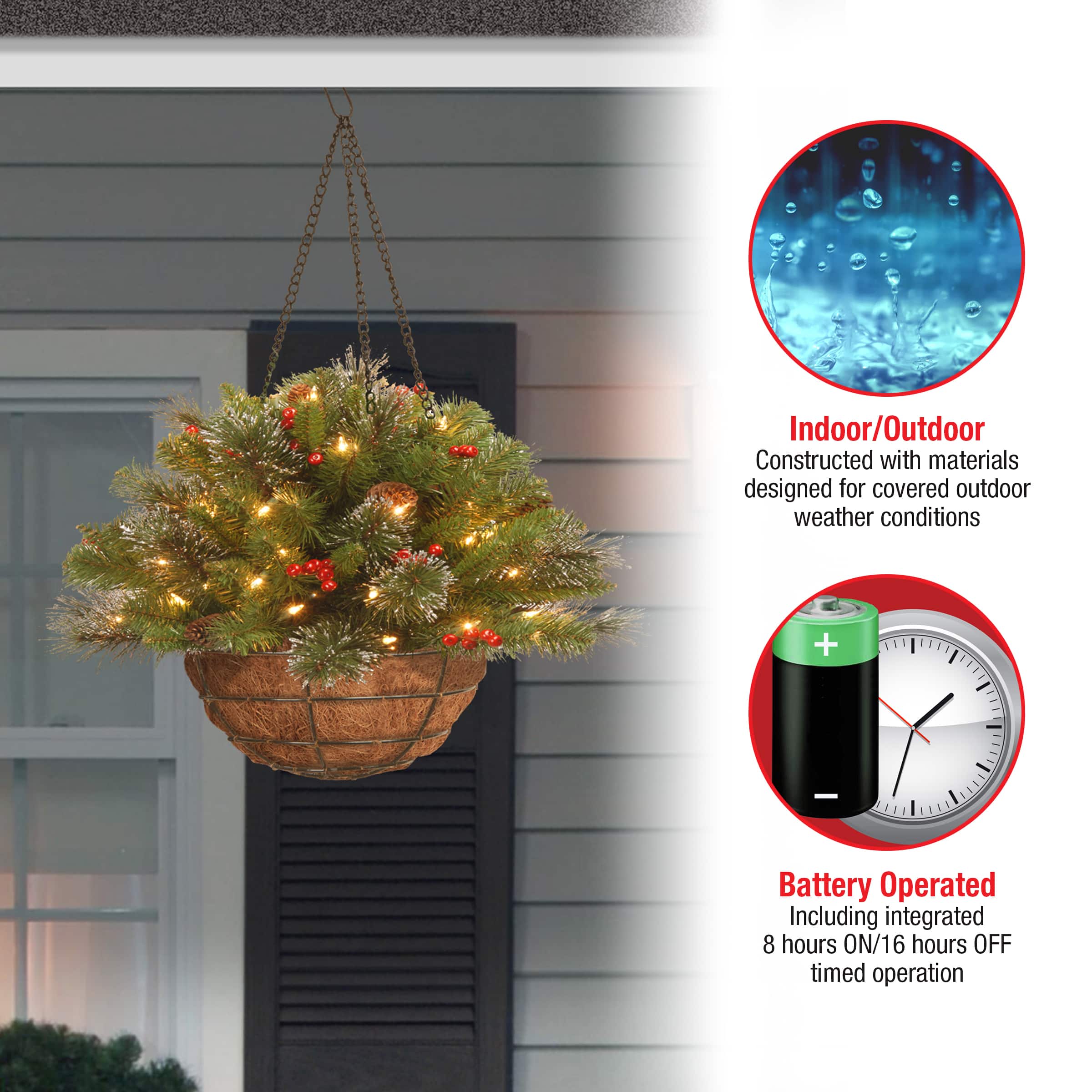20&#x22; Pre-lit Crestwood Spruce Artificial Christmas Chain Hanging Basket with Silver Bristle, Cones, Red Berries, Glitter, Coconut Fiber in Basket with LED Lights