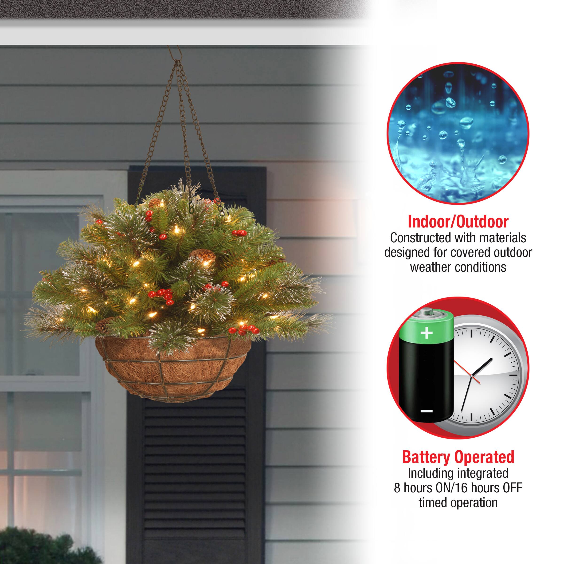 20" Pre-lit Crestwood Spruce Artificial Christmas Chain Hanging Basket with Silver Bristle, Cones, Red Berries, Glitter, Coconut Fiber in Basket with LED Lights