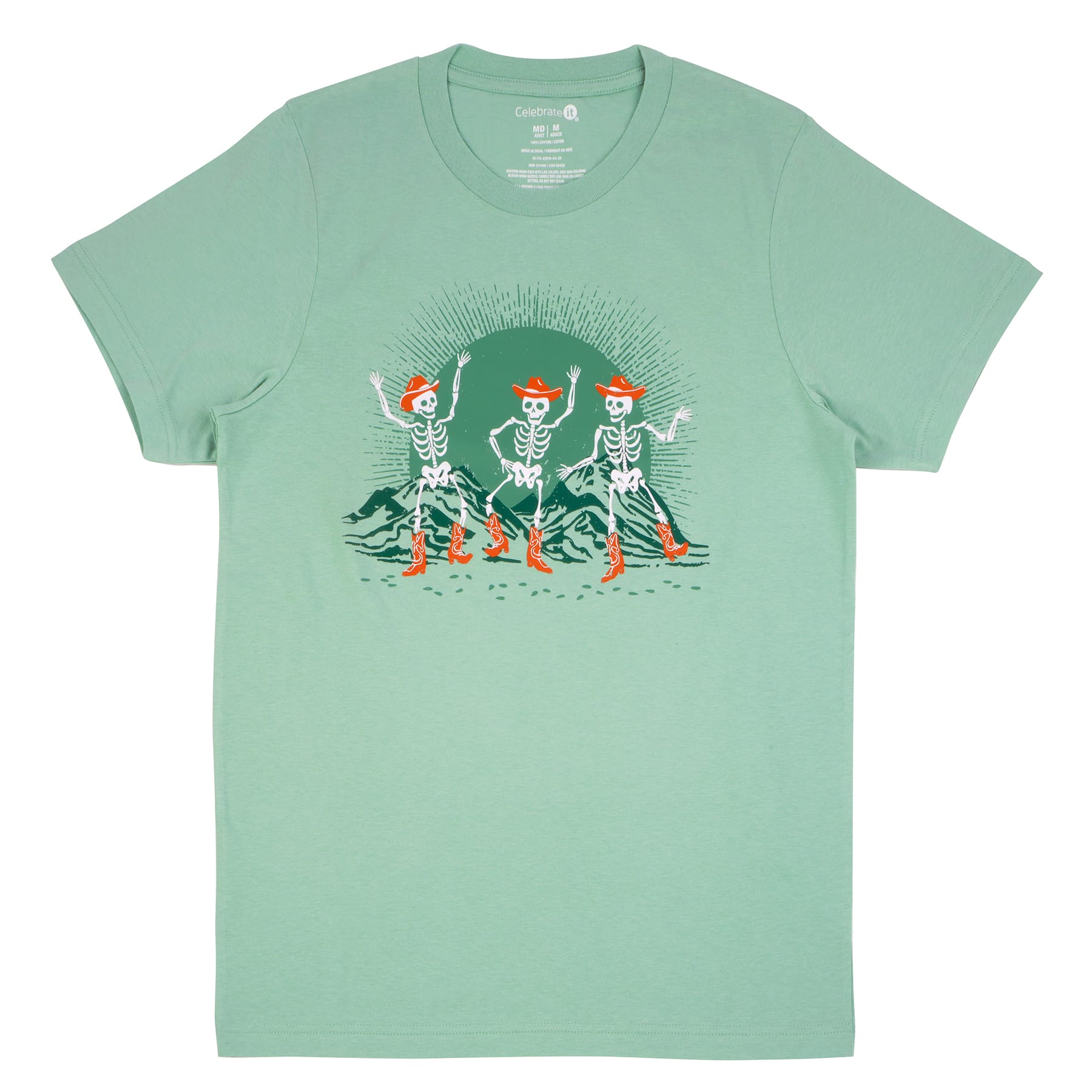 Sage Green Dancing Cowboy Skeletons Adult Crew Neck T-Shirt by Celebrate It&#x2122;