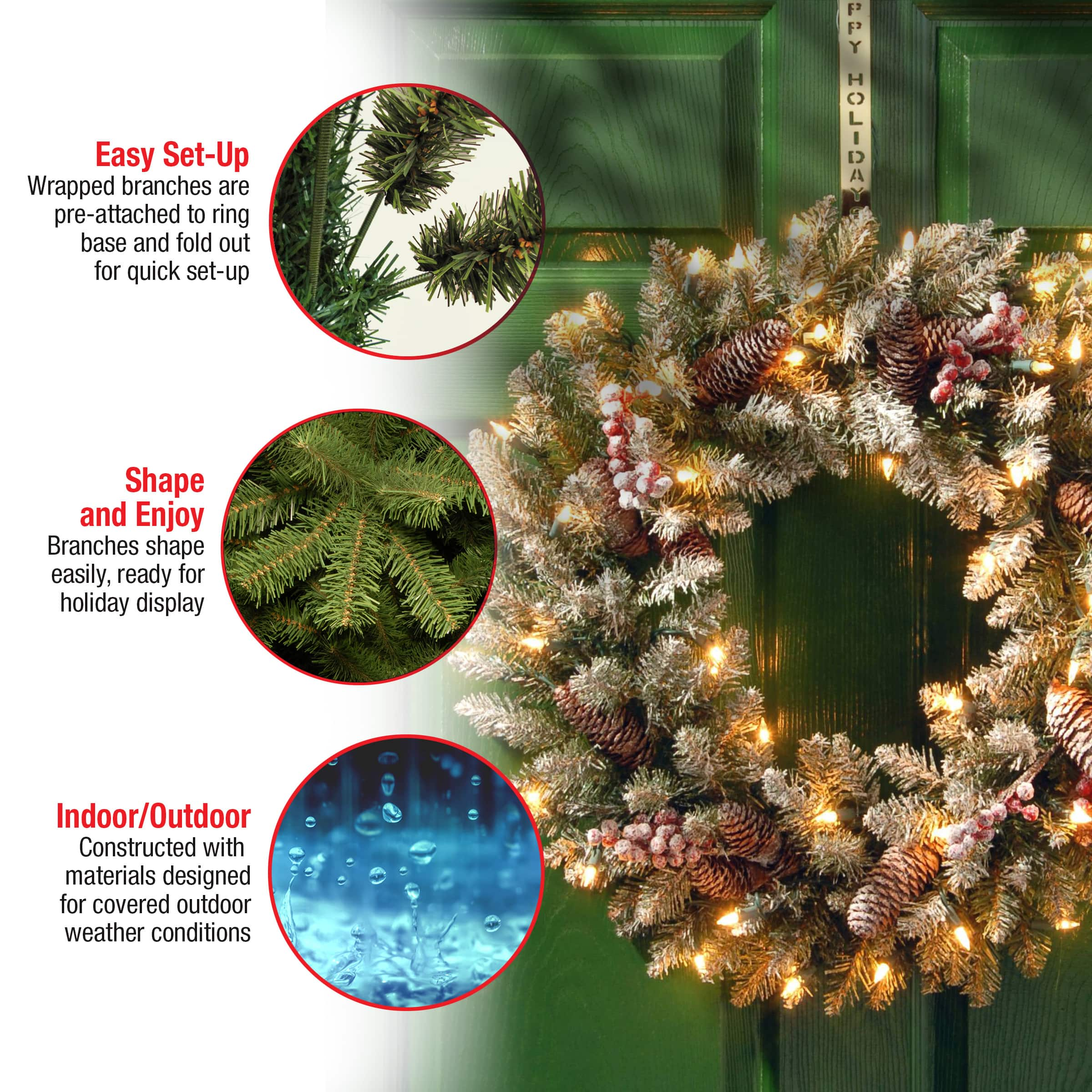 30&#x22; Dunhill&#xAE; Fir Wreath with Snow, Red Berries, Cones &#x26; 50ct. Clear Lights