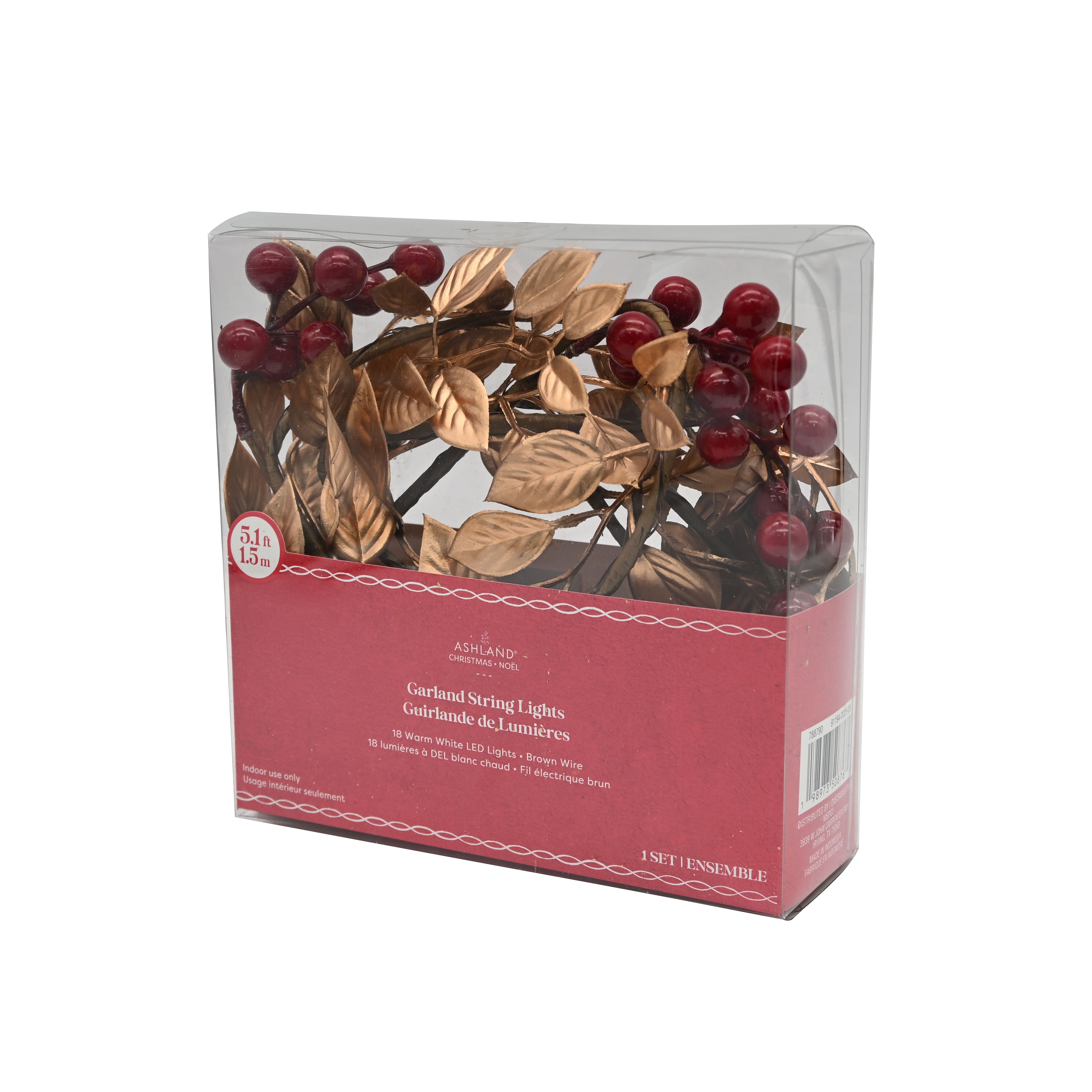 18ct. Warm White LED Red Berry &#x26; Gold Leaf Garland String Lights on Brown Wire by Ashland&#xAE;