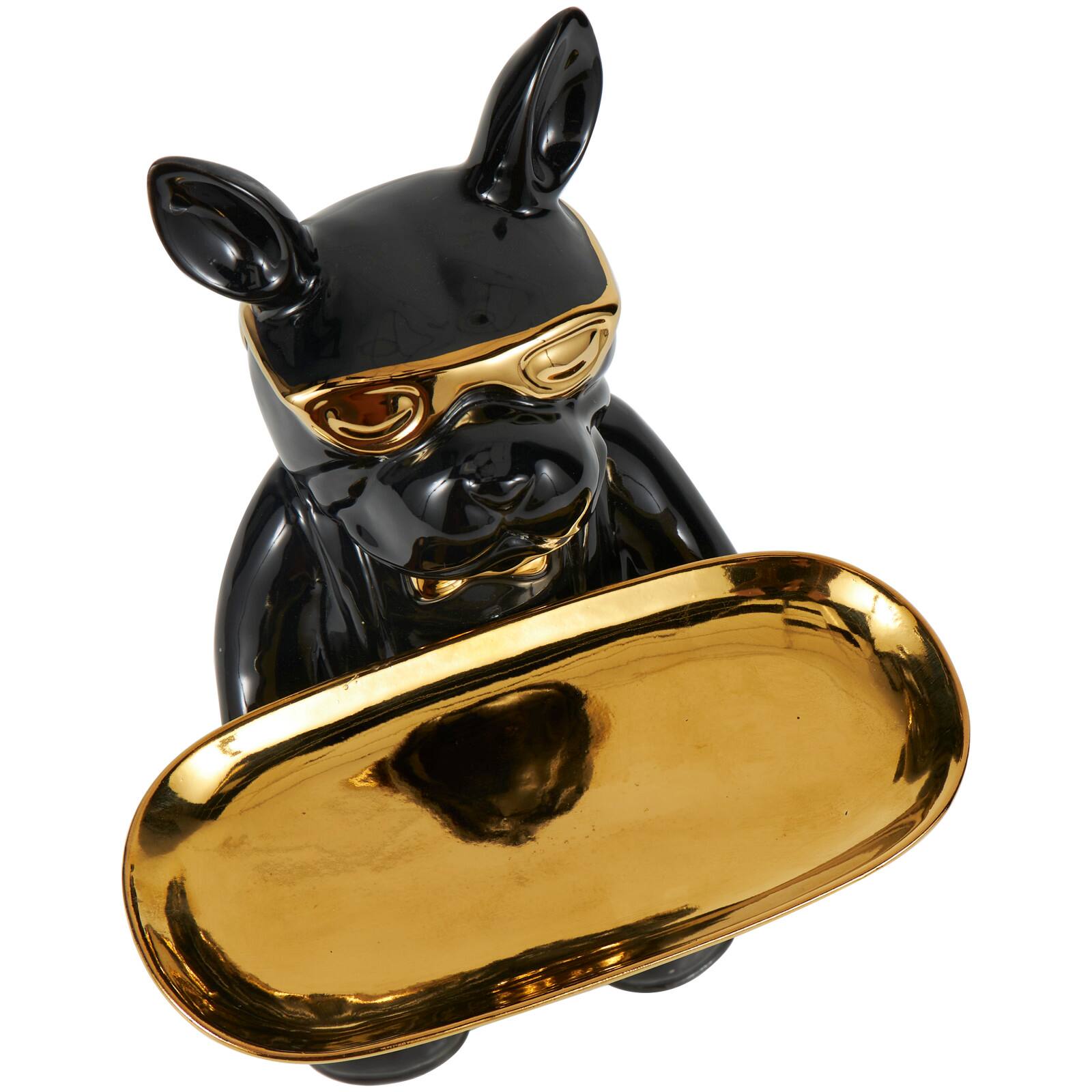 11.75" Black Ceramic Bulldog Sculpture with Golden Platter Décor