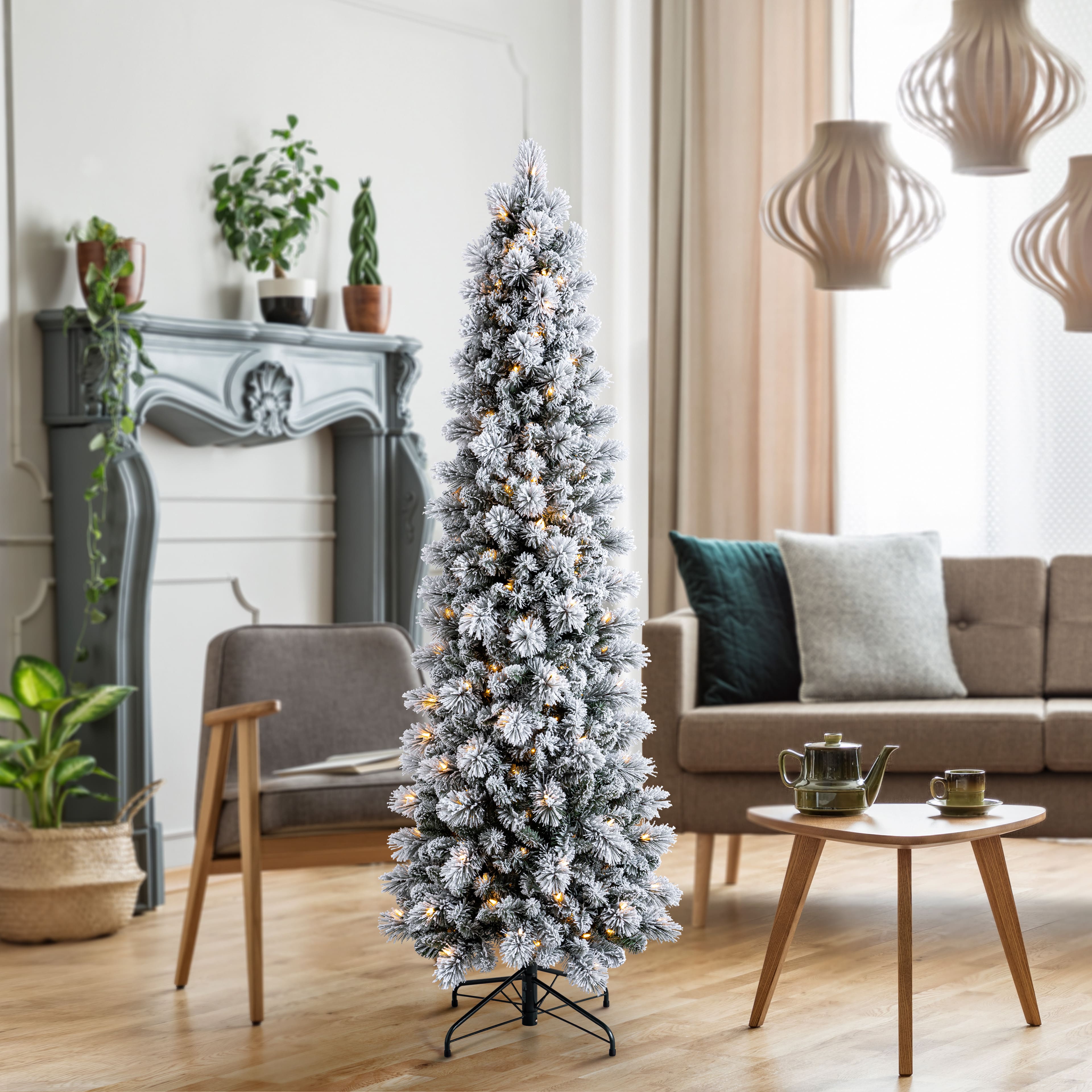 7ft. Pre-Lit Flocked Slim Artificial Christmas Tree, Warm White Twinkle LED Lights by Ashland&#xAE;