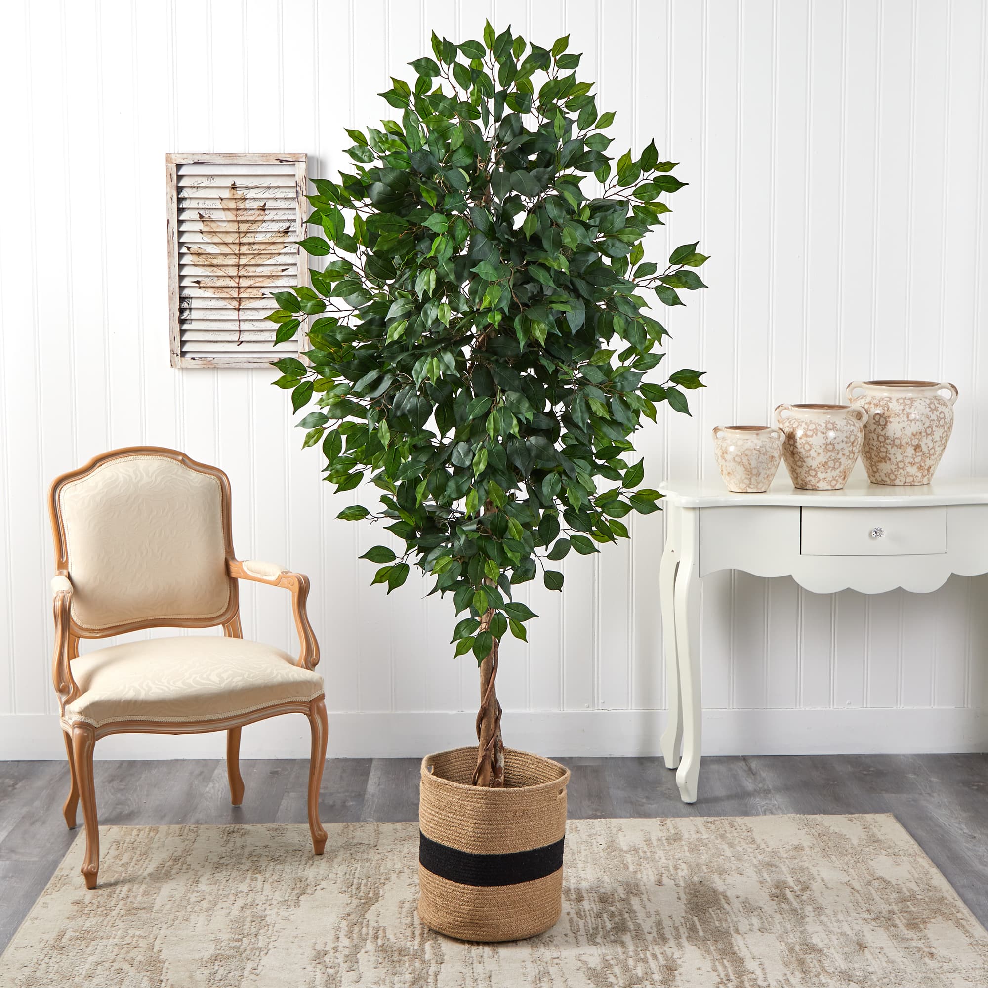6ft. Ficus Artificial Tree with Natural Trunk in Handmade Natural Cotton Planter