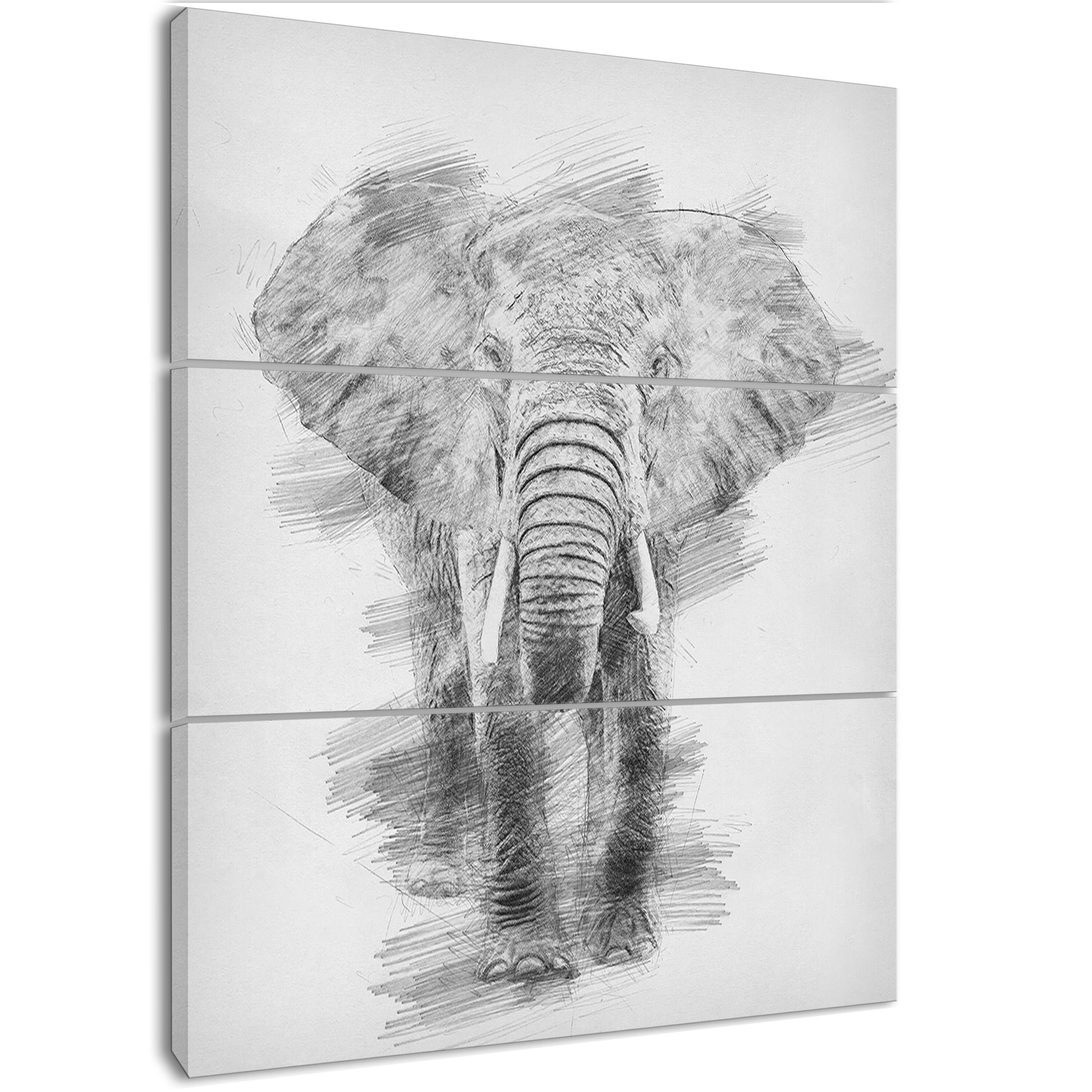Designart - Black and White Elephant Pencil ketch - Animals Painting Print on Wrapped Canvas set