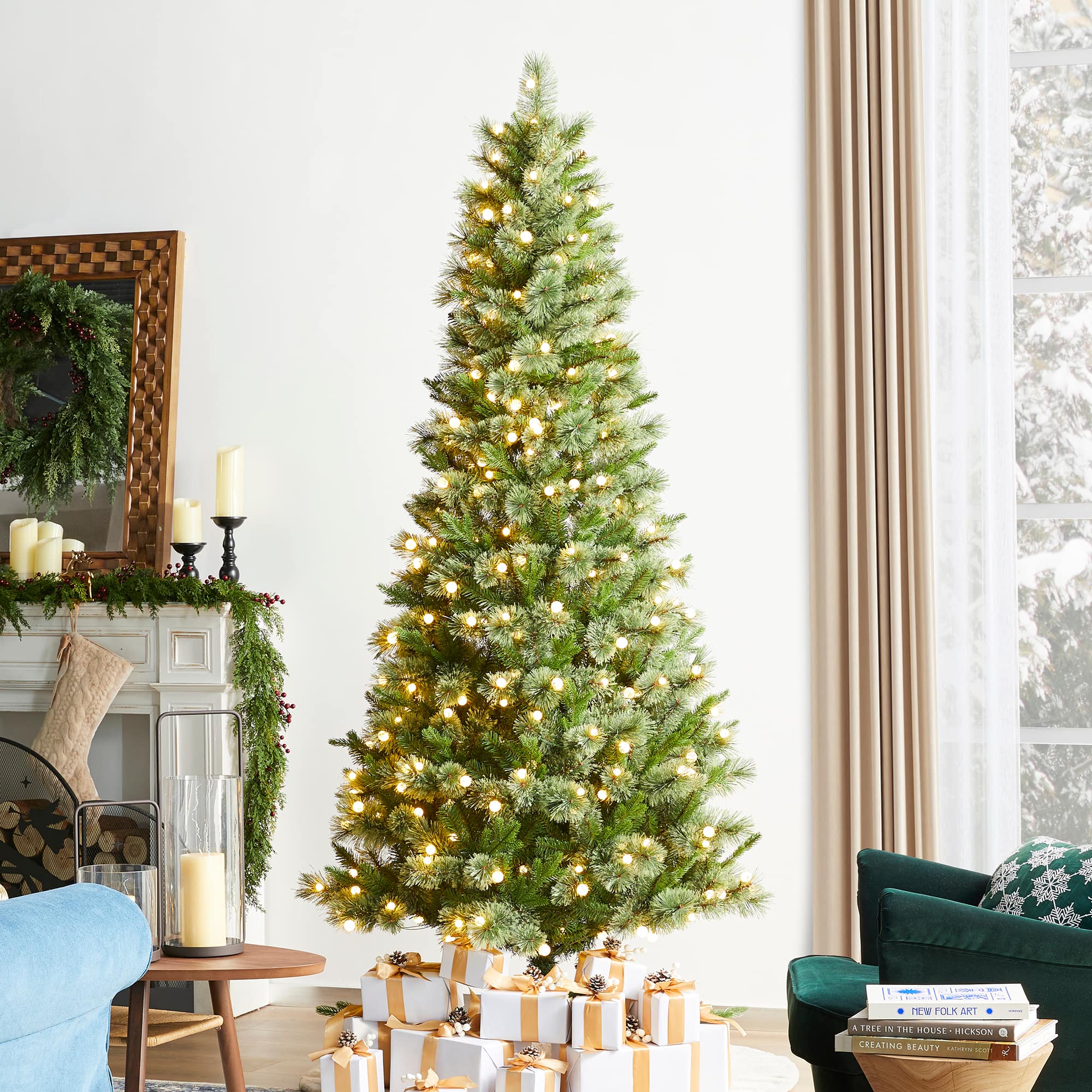 Glitzhome&#xAE; 7.5ft Pre-Lit Green Cashmere Slim Pine Artificial Christmas Tree, Multicolor LED Lights