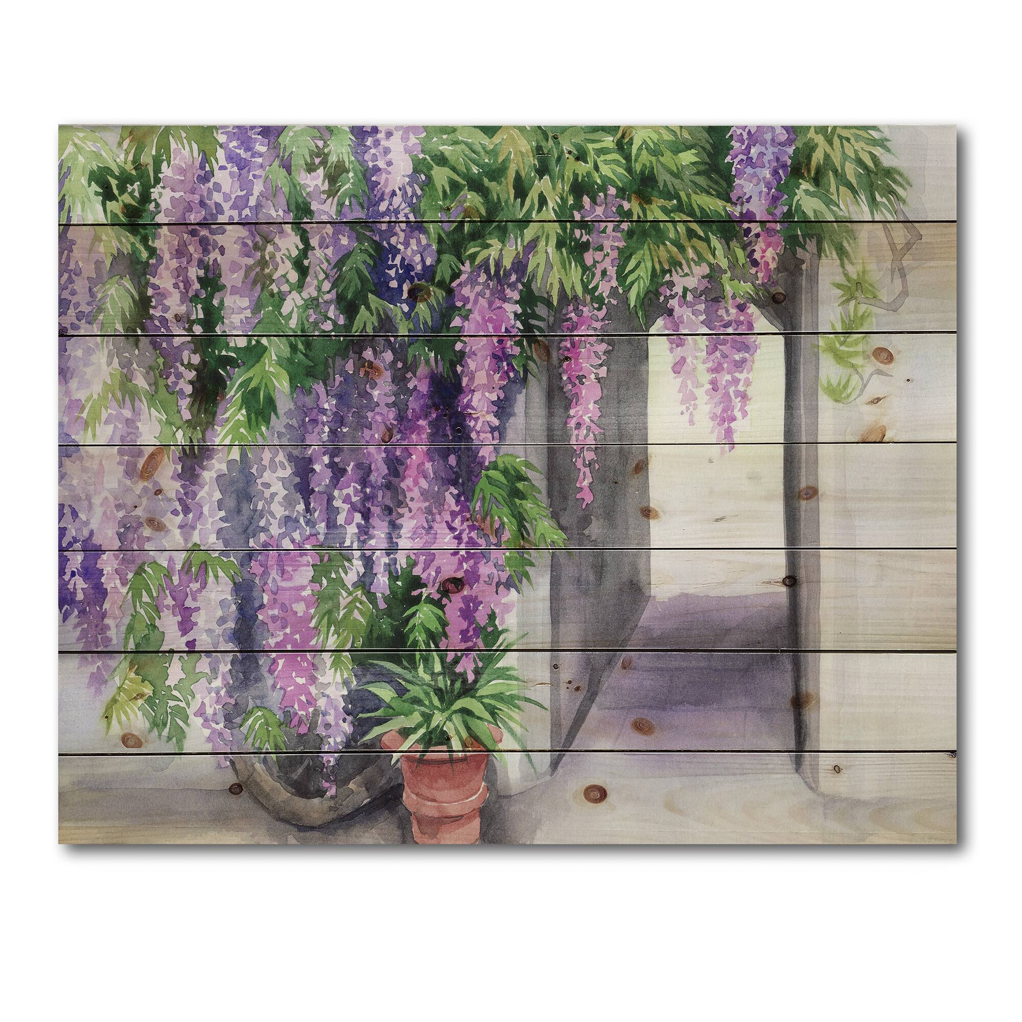 Designart - Wisteria Blossom - Traditional Print on Natural Pine Wood
