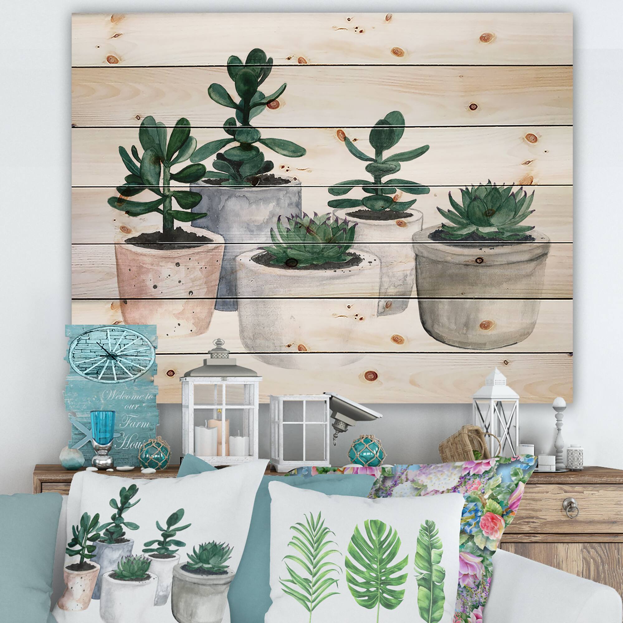 Designart - Cactus and Succulent House Plants VI - Botanical Print on Natural Pine Wood