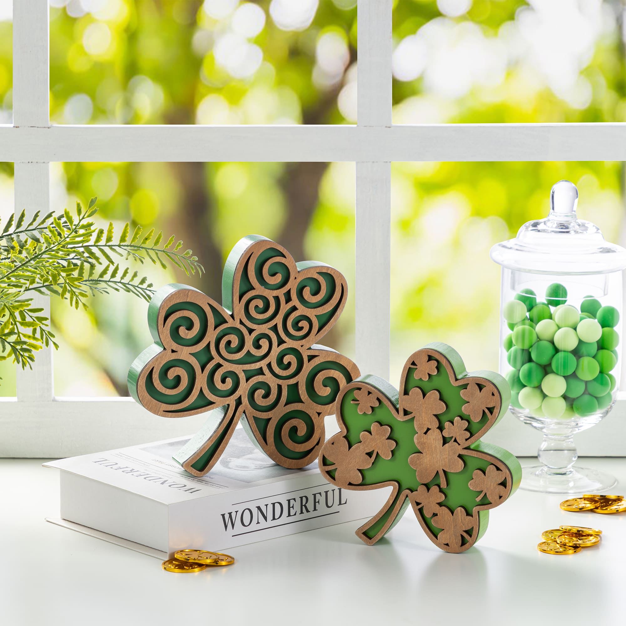 Glitzhome® Set of 2 St. Patrick's Wooden Shamrock Table Decor