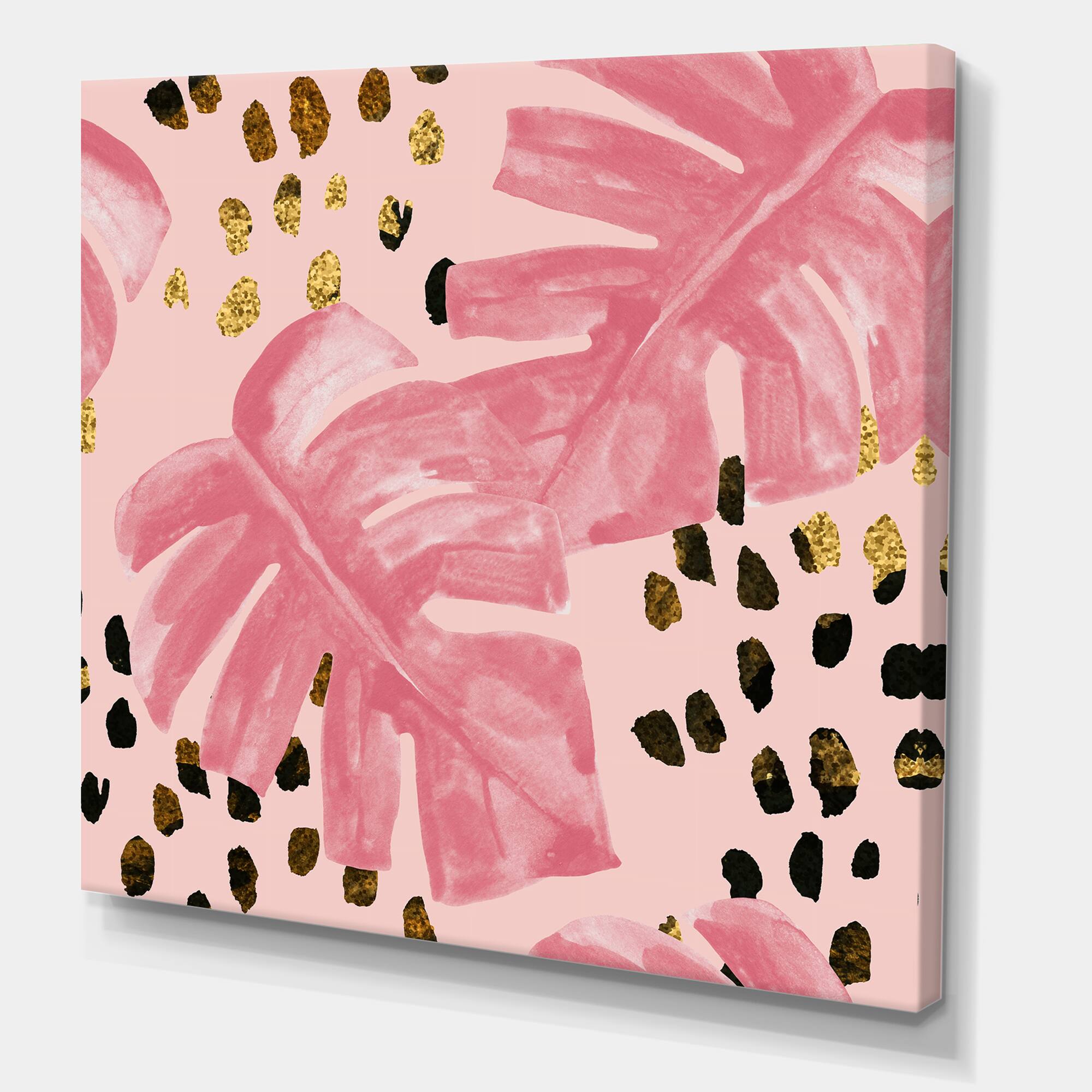 Designart - Pink Colored Monstera On Rough Brush Strokes I - Tropical Canvas Wall Art Print