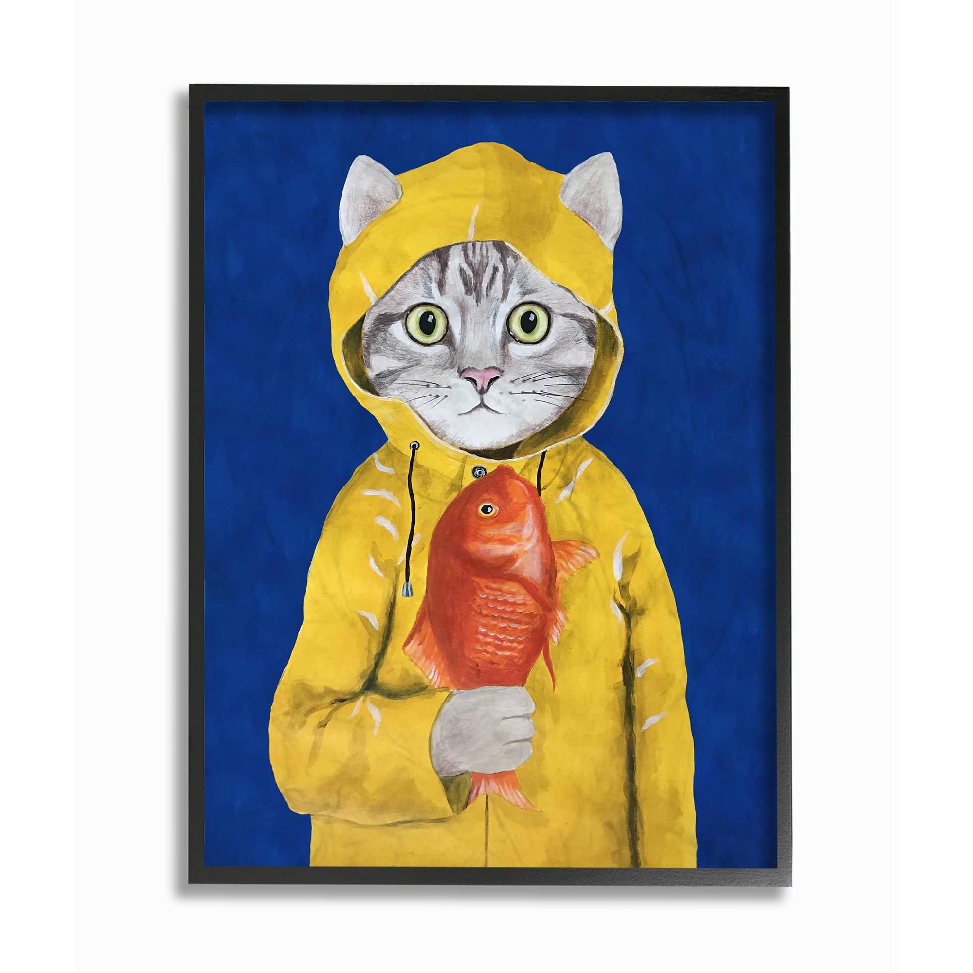 Stupell Industries Fisherman Feline Yellow Coat Cat in Black Frame Wall Art