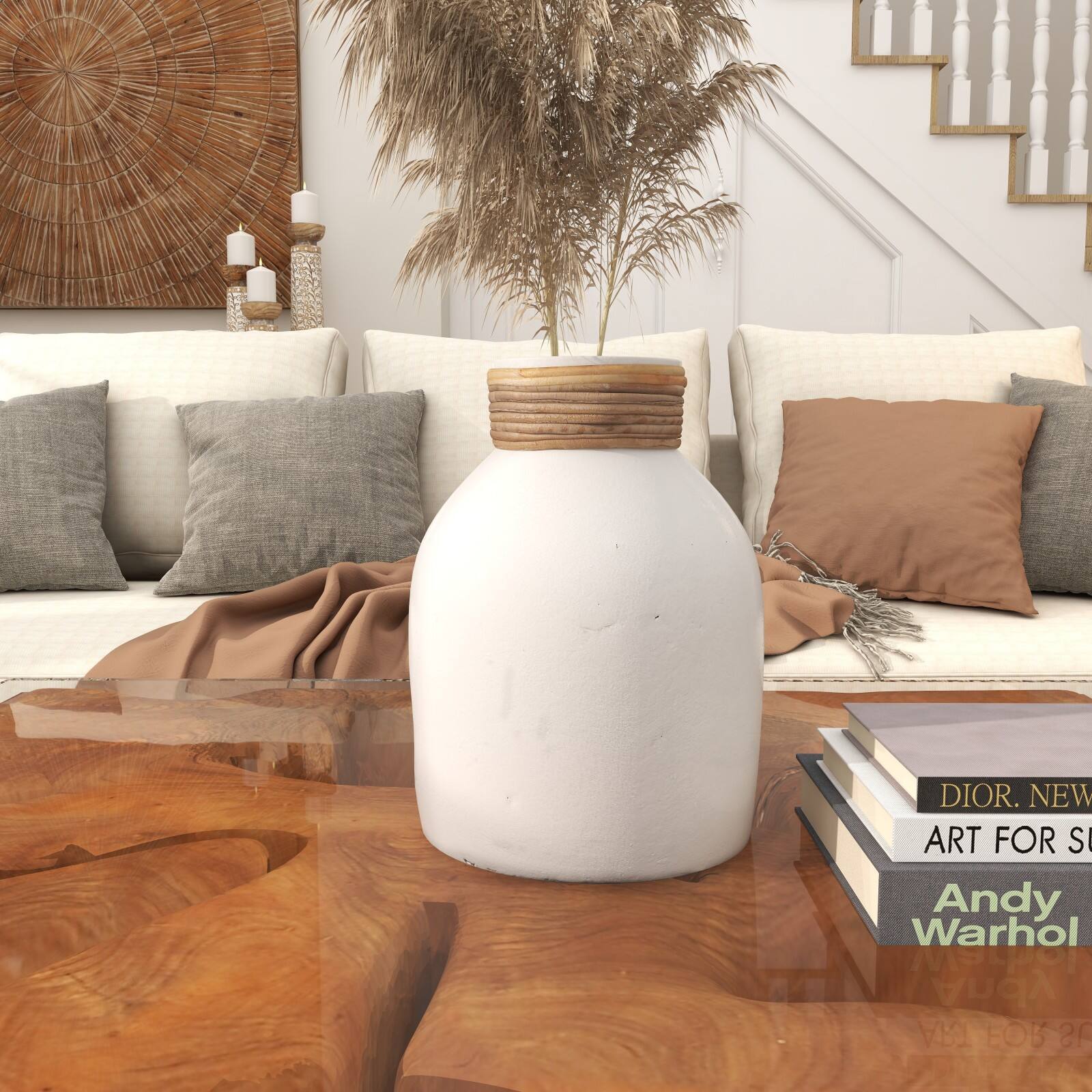 11" White Ceramic Vase with Wrapped Rattan Detailing