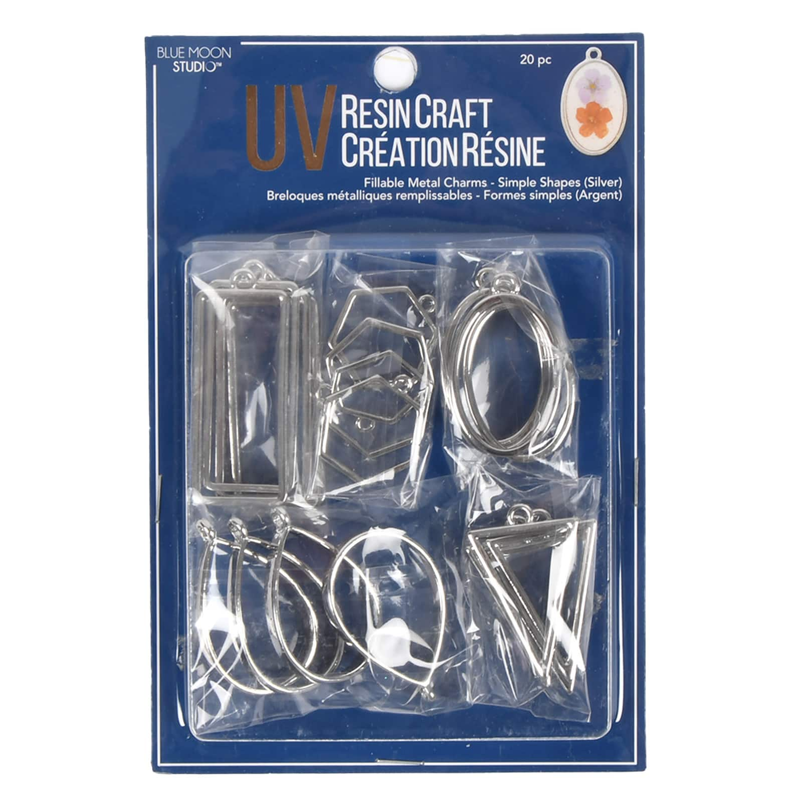 Blue Moon Studio&#x2122; UV Resin Craft Silver Simple Shapes Fillable Metal Charm Set