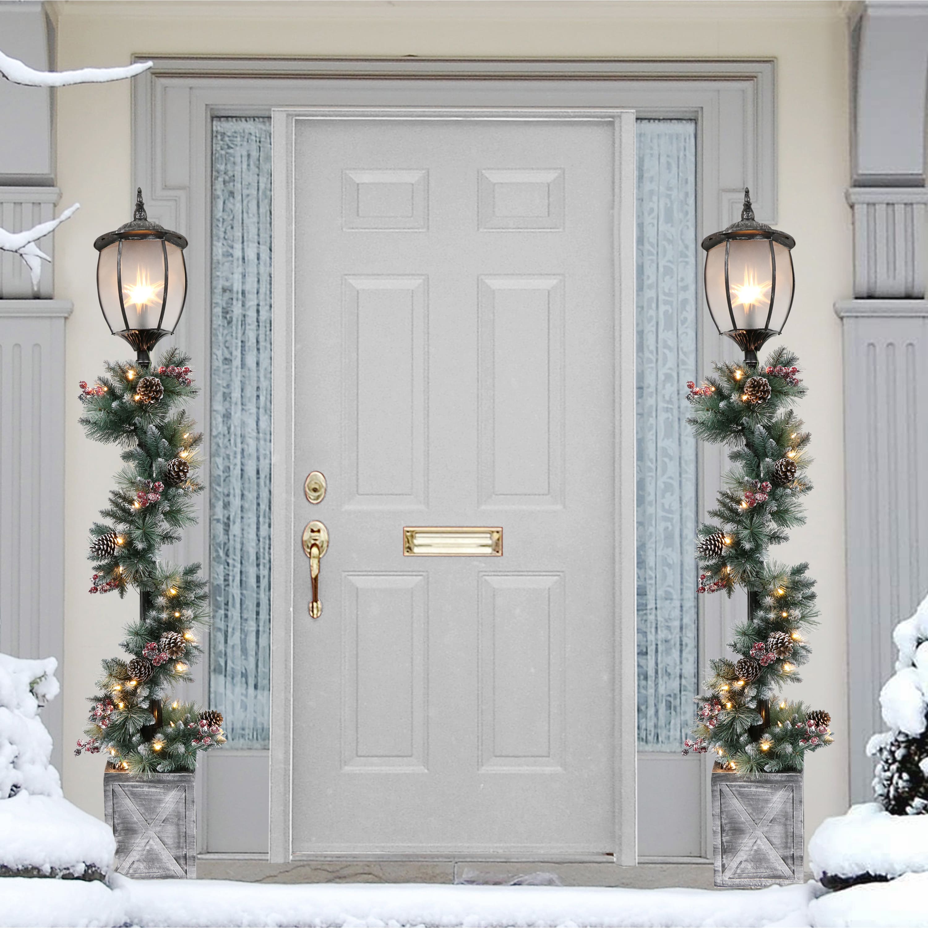 7ft. Lamp Post with Pre-Lit Decorated Garland