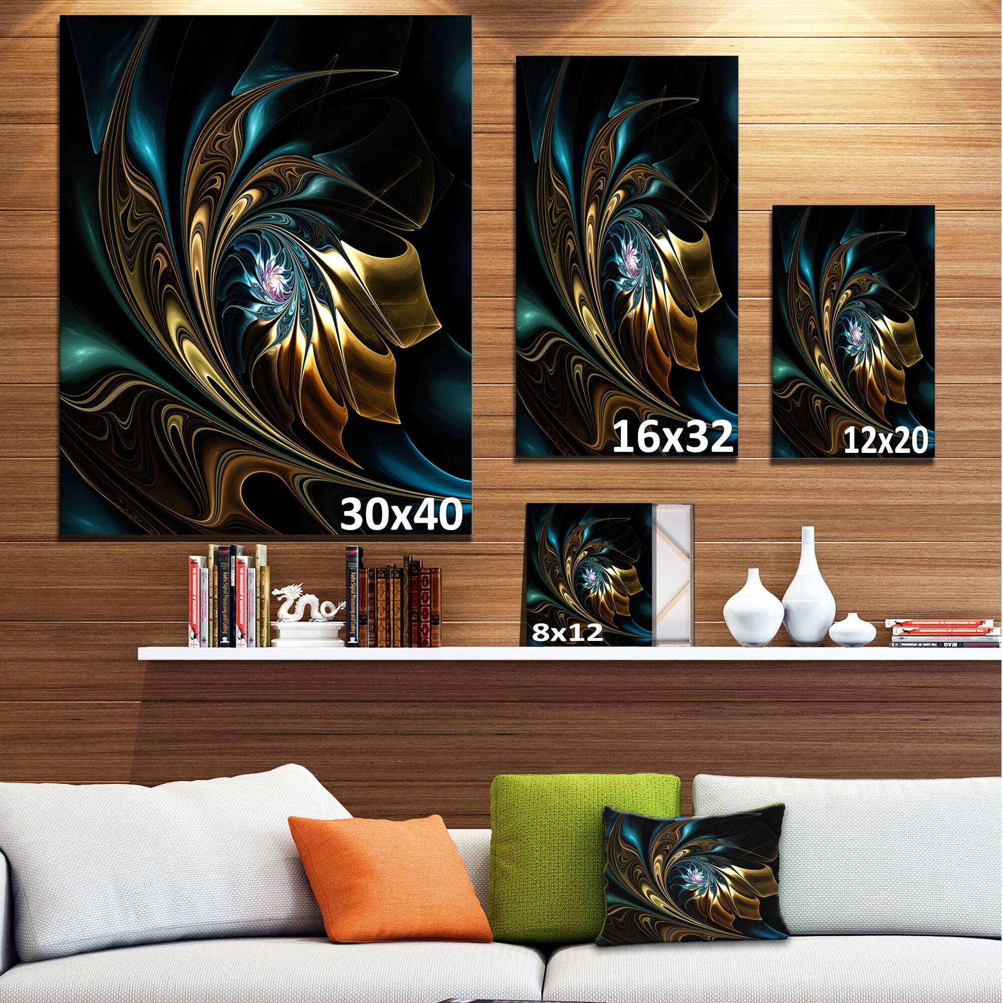 Designart - Brown Blue Fractal Flower in Black - Oversized Abstract Canvas Art