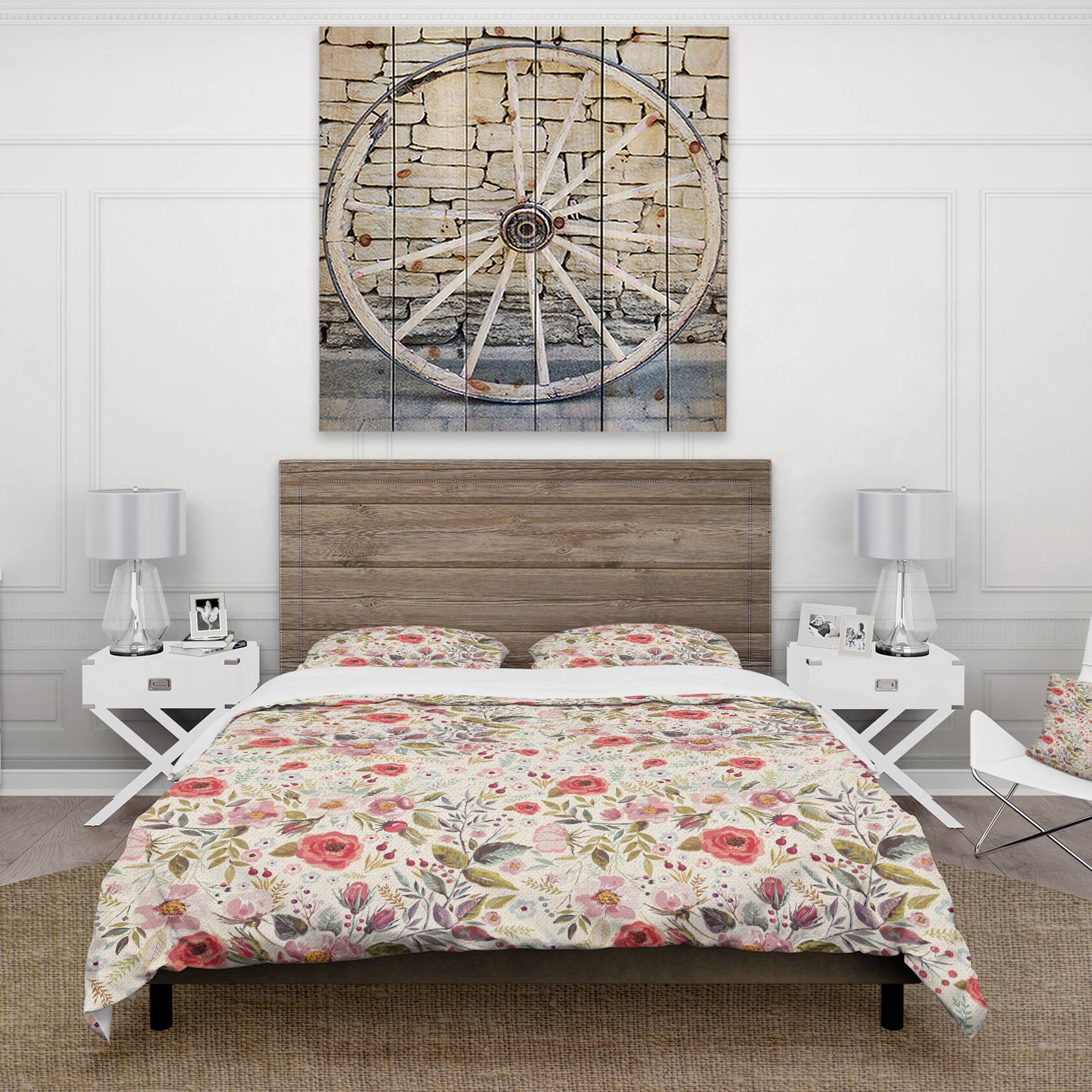 Designart &#x27;Vintage Red Pink Flower and Leaves&#x27; Rustic Bedding Set - Duvet Cover &#x26; Shams