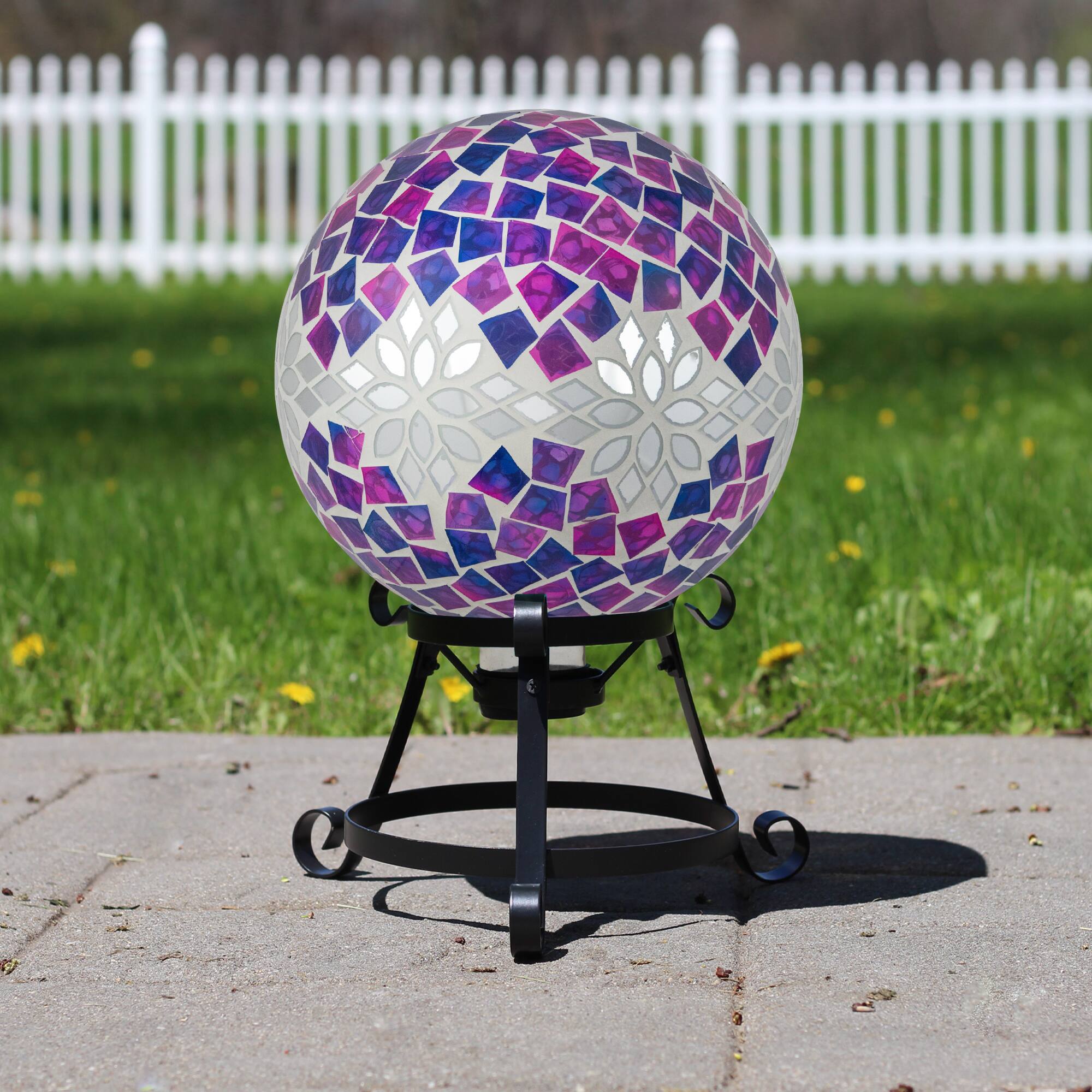 10&#x22; Purple, Pink &#x26; Silver Mosaic Floral Outdoor Garden Gazing Ball