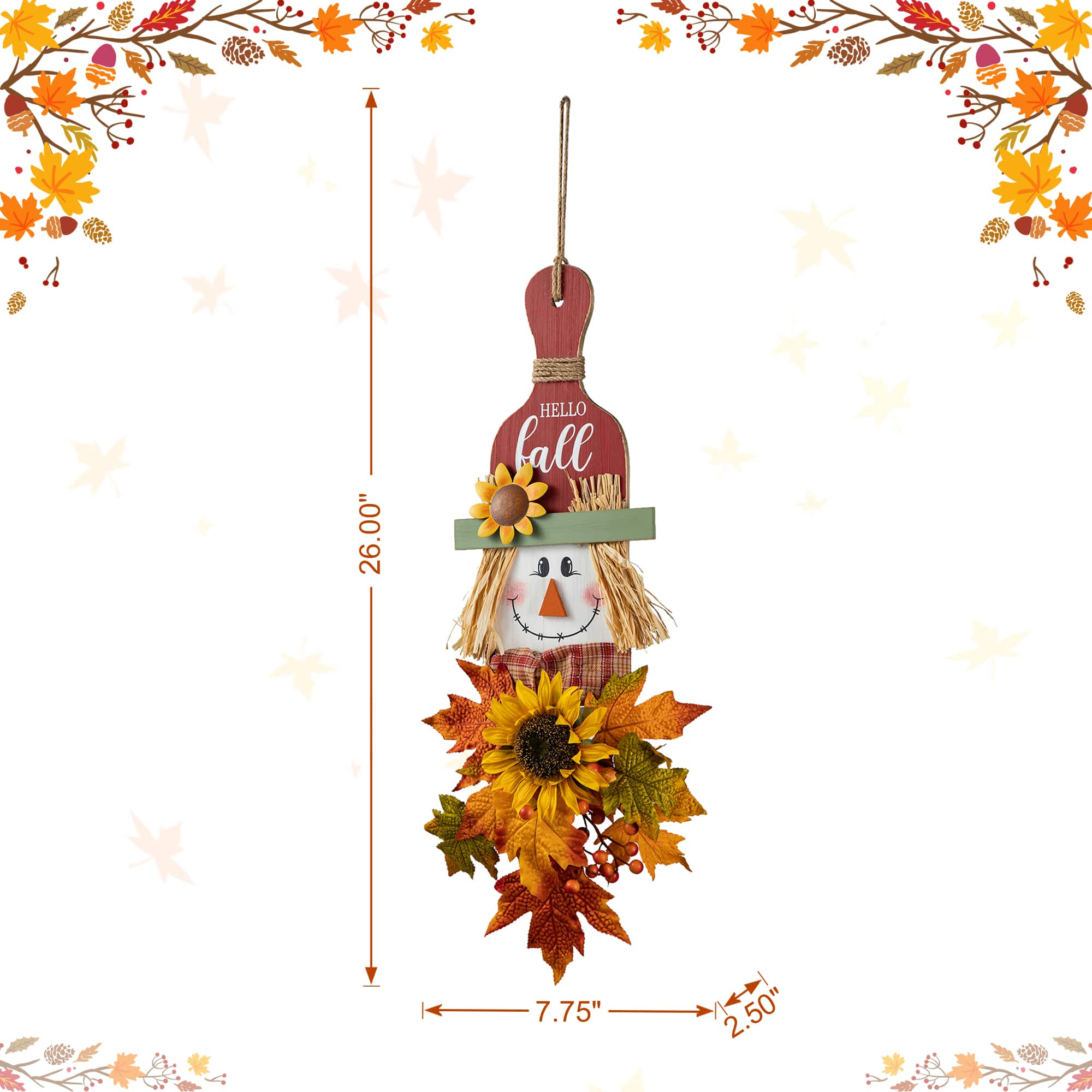 Glitzhome&#xAE; 26&#x22; Fall Wood Scarecrow Floral Door Hanger