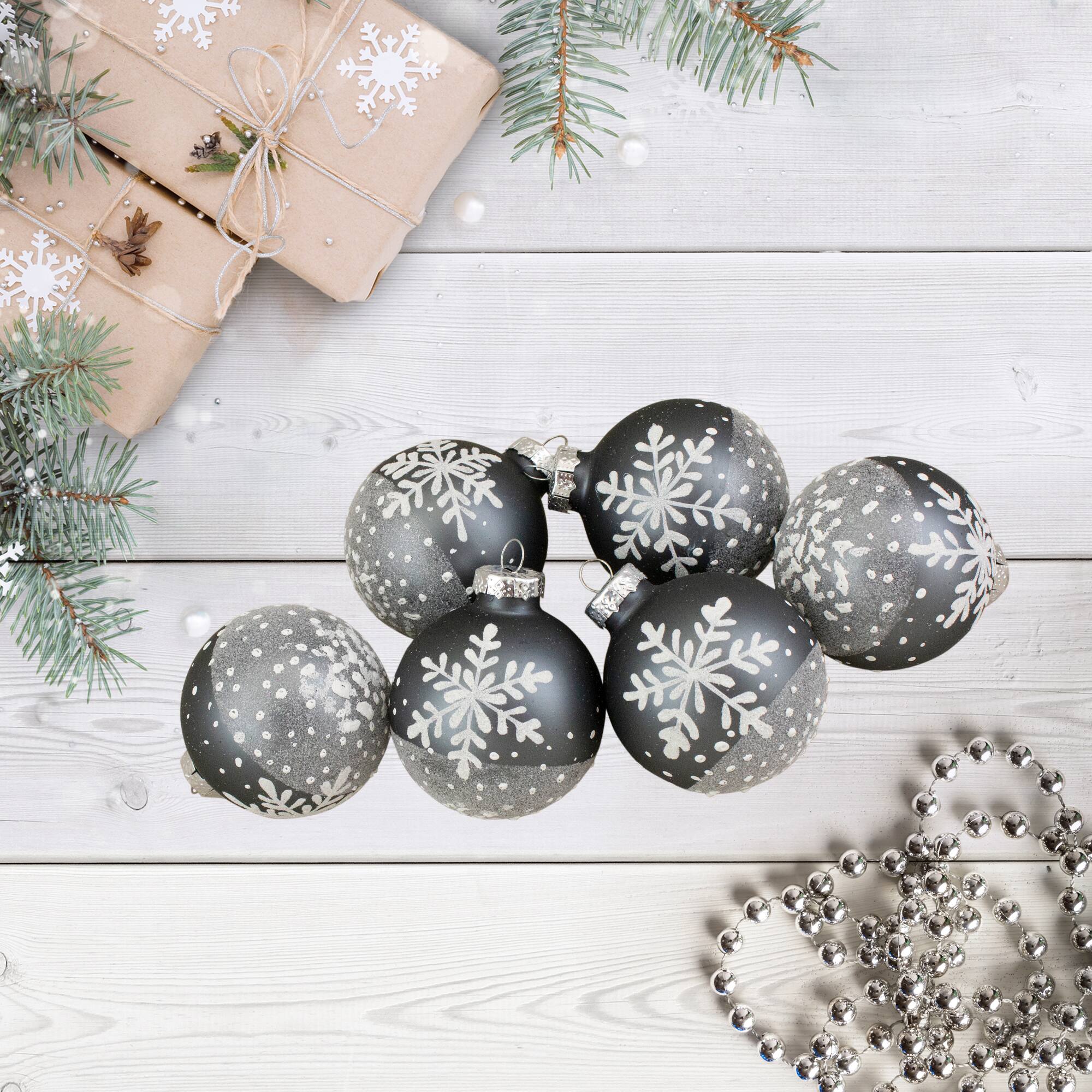 6ct. 4&#x22; Gray &#x26; White Snowflake Glass Ball Ornaments
