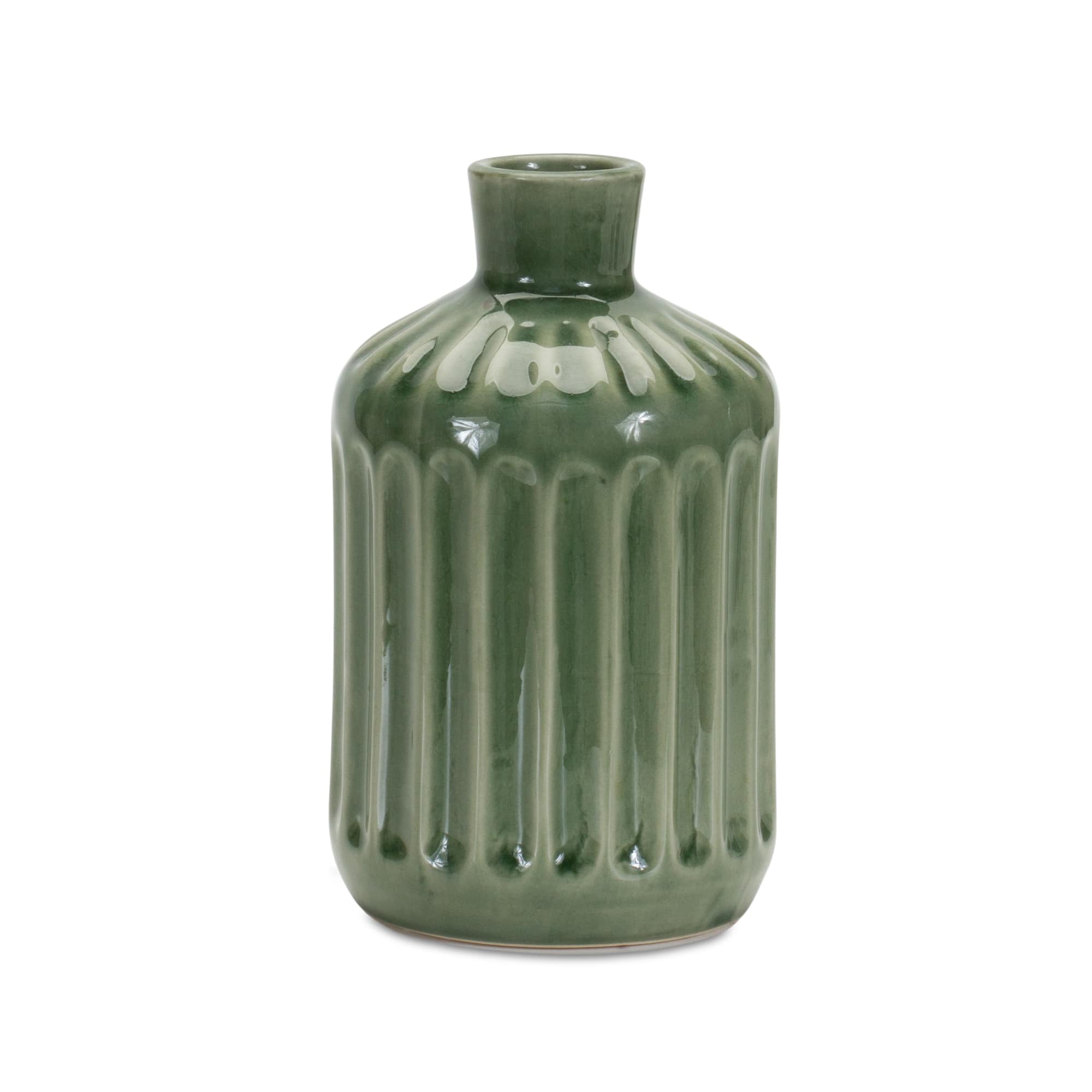 7&#x22; Green Ribbed Terracotta Vase