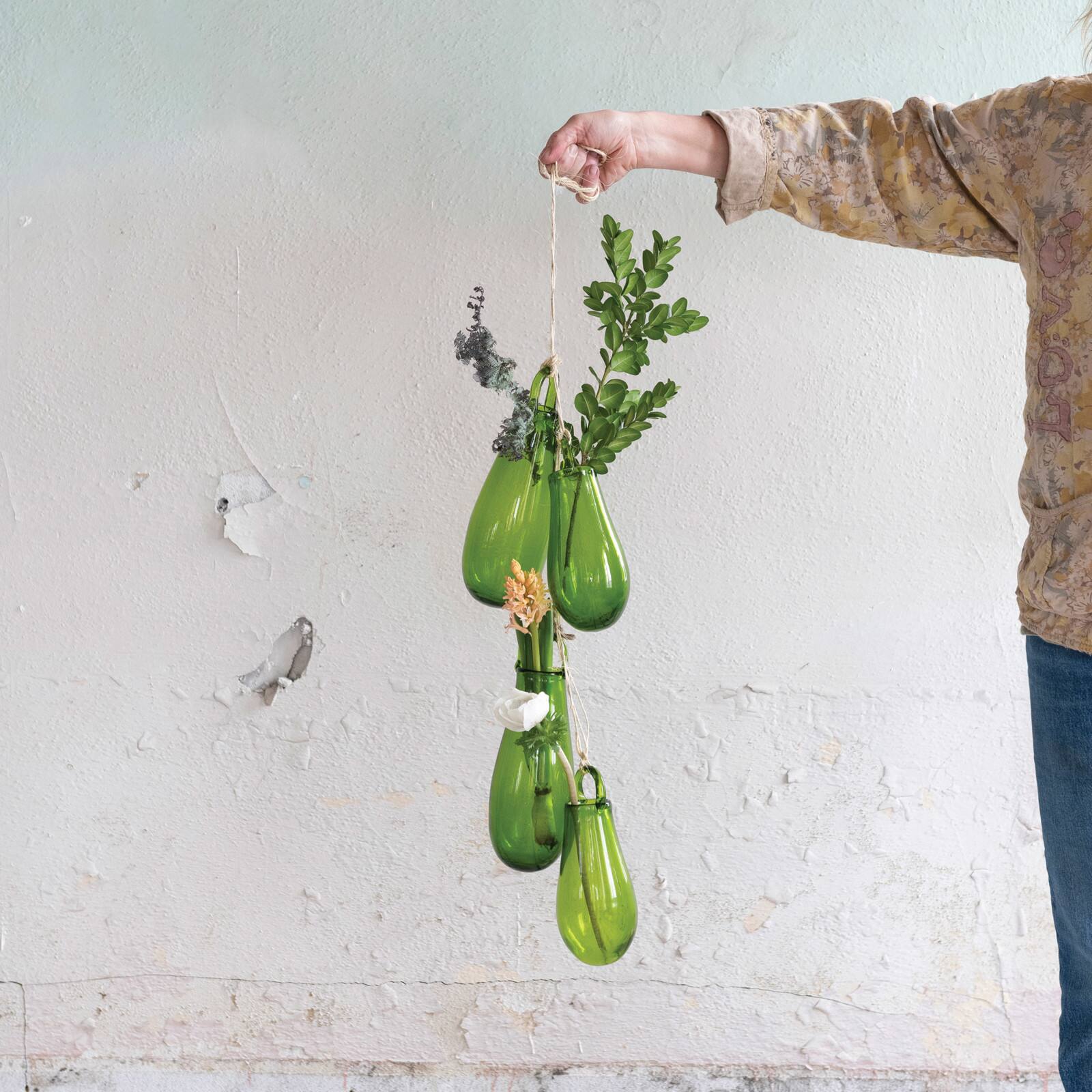 8&#x22; Green Hand Blown Glass Hanging Vase