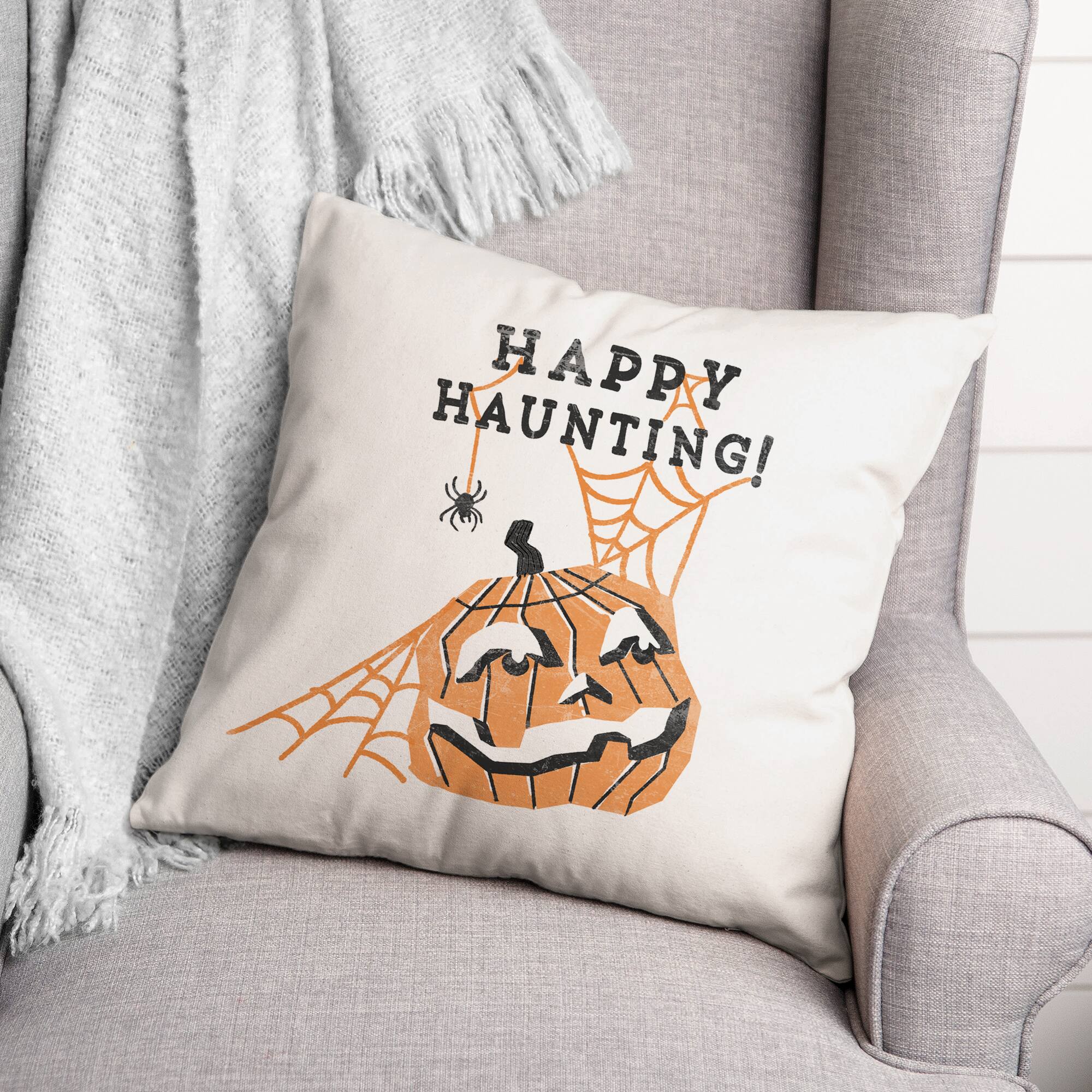 Mid Mod Pumpkin Happy Haunting Spun Poly Throw Pillow