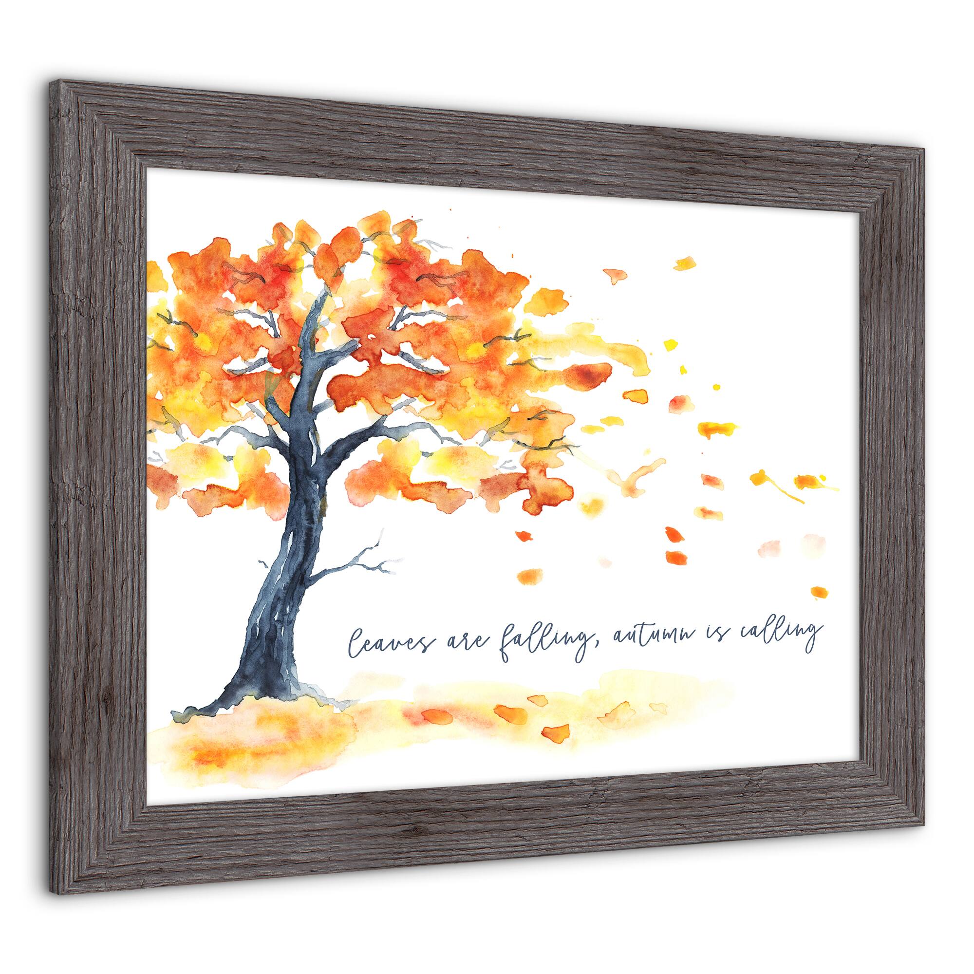 Watercolor Leaves Are Falling Fall Print in Western Gray Frame