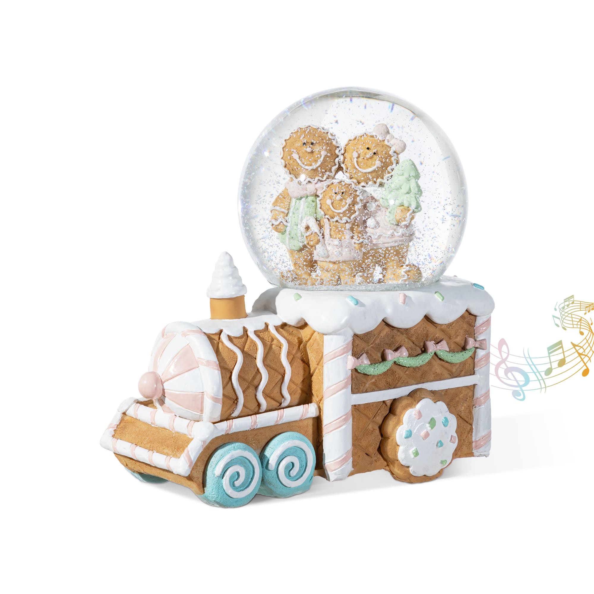 Glitzhome&#xAE; 100mm Christmas Resin Musical Snowflakes Ginginerbread Family Train Waterglobe