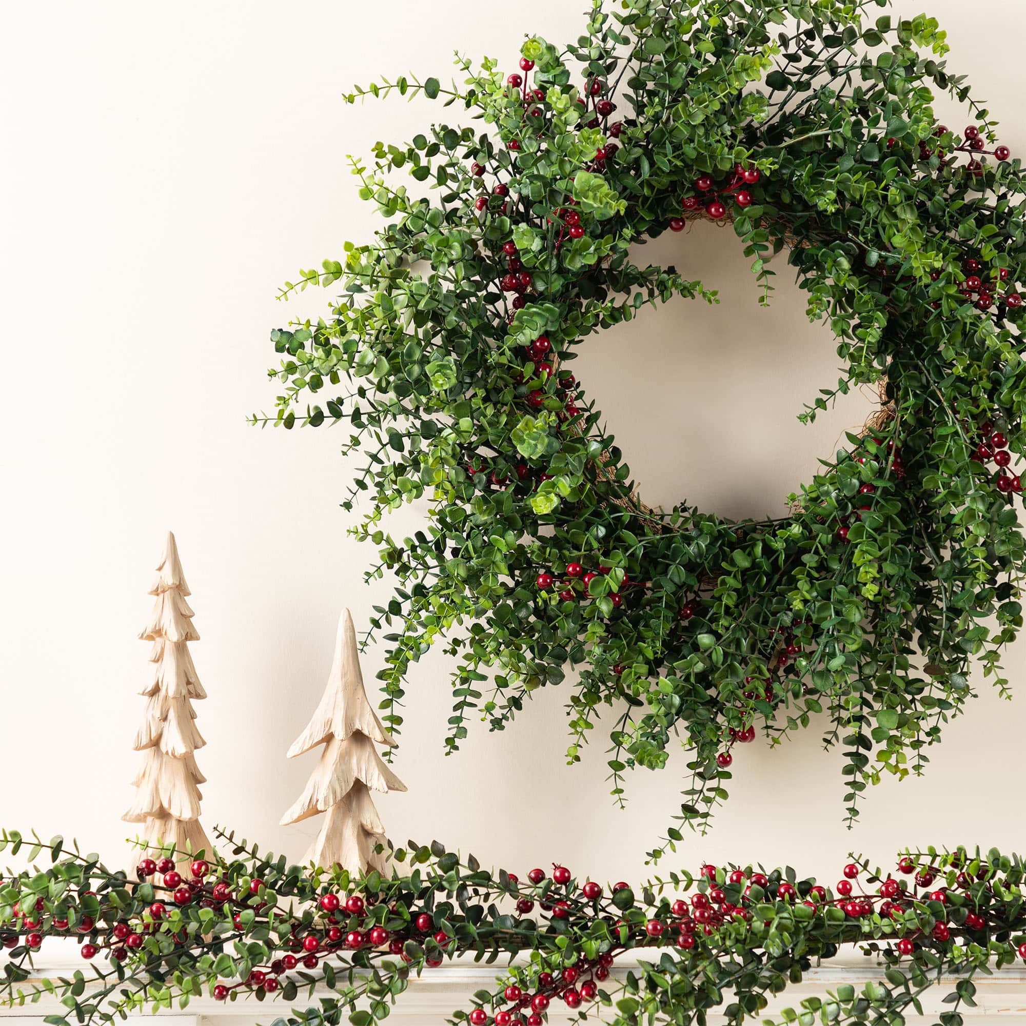 Glitzhome® 28"D Christmas Greenery PE Eucalyptus Wreath with Red Berries