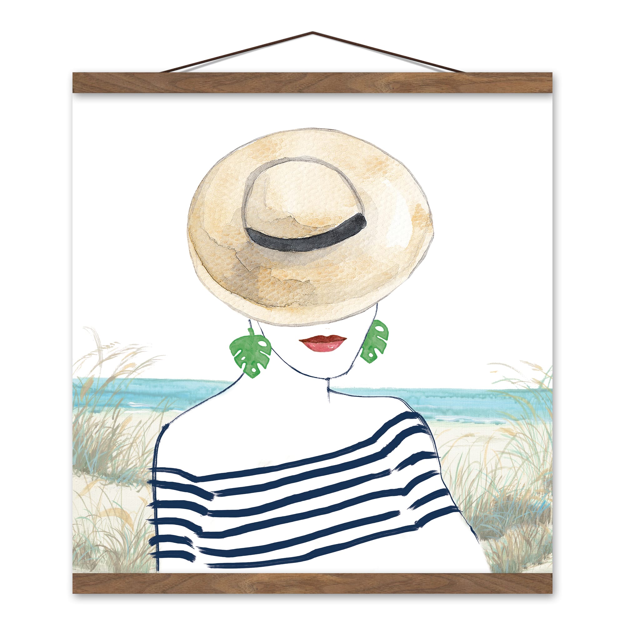 Sunhat Woman Teak Hanging Canvas Wall Art