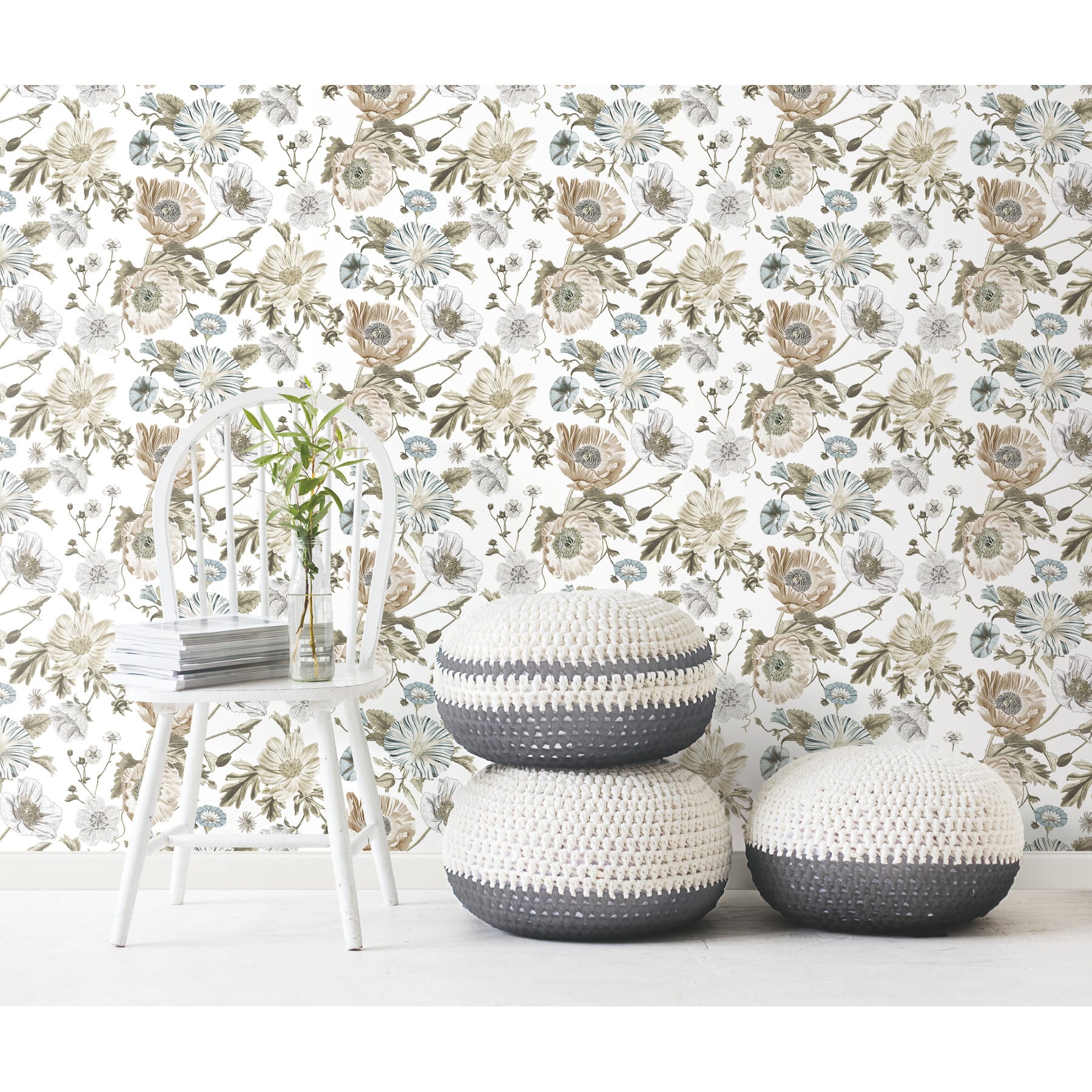 RoomMates White Vintage Poppy Peel &#x26; Stick Wallpaper