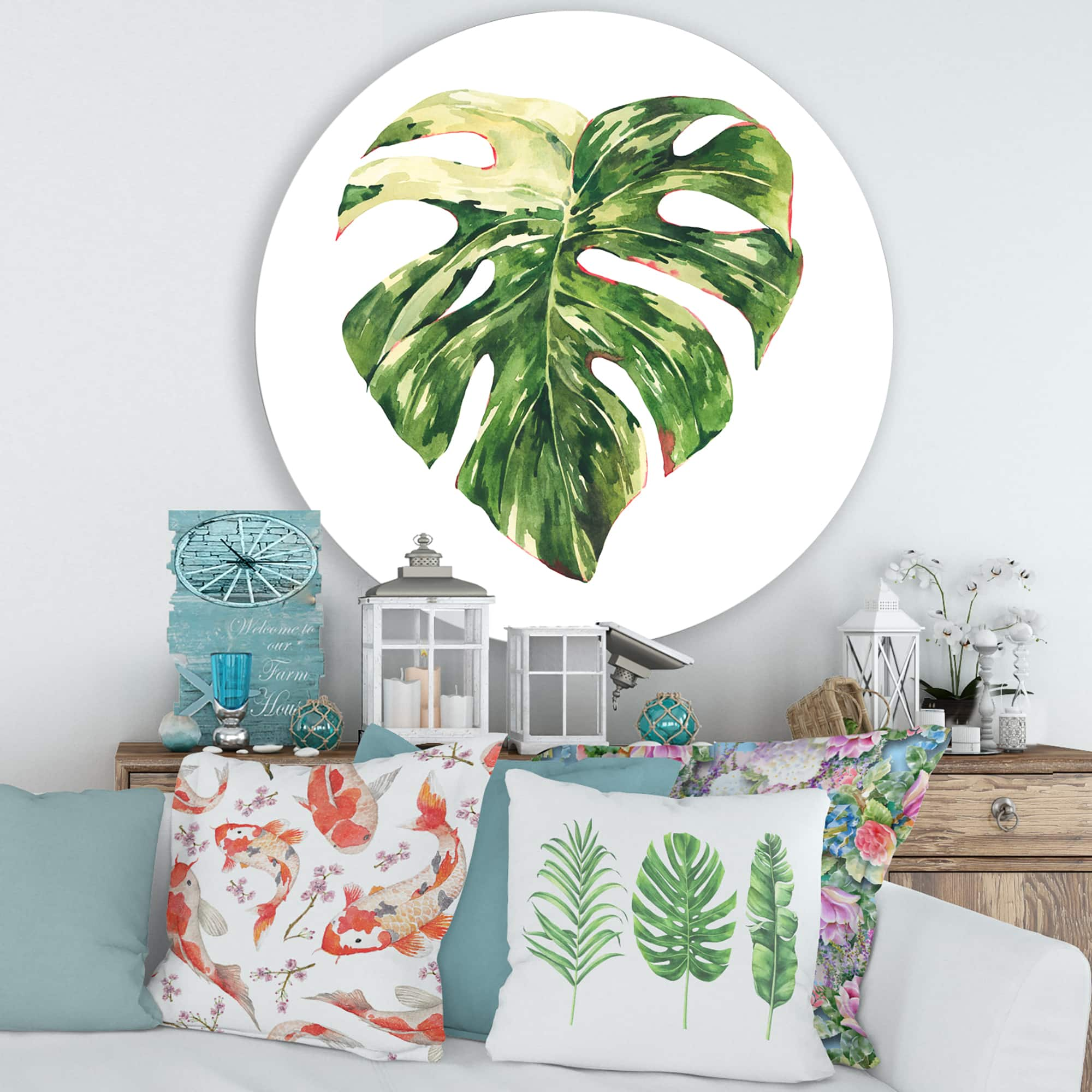 Designart - Tropical Green Leaves In Summer Times III - Tropical Metal Circle Wall Art