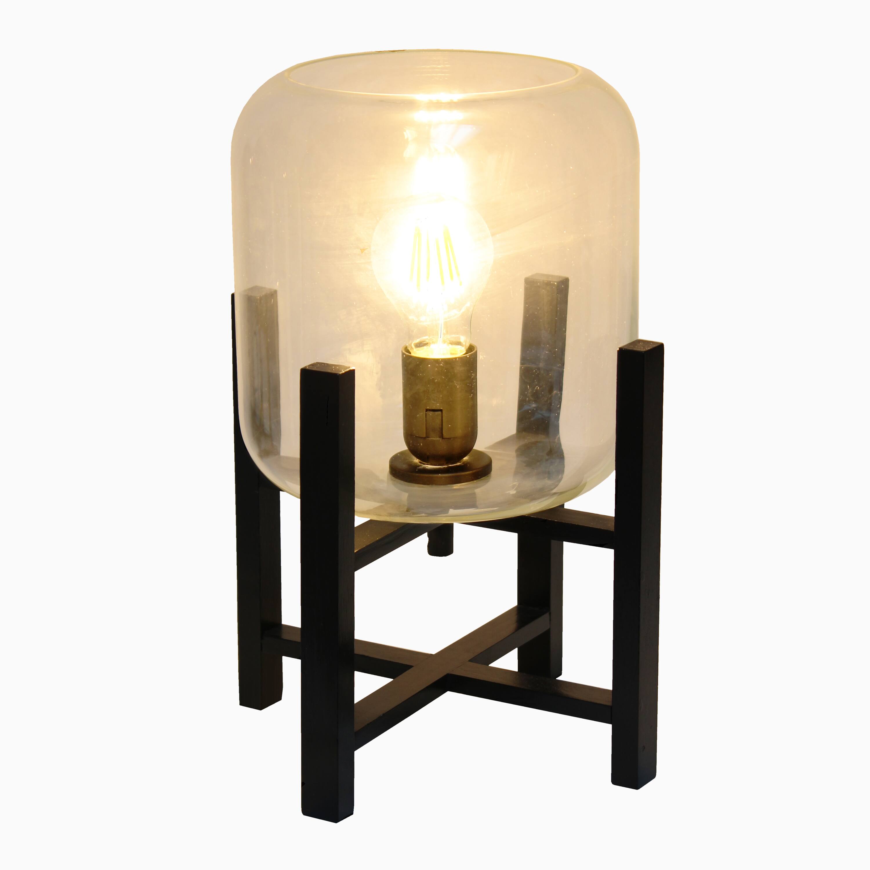 Simple Designs 13.5" Black Wood Mounted Table Lamp with Glass Cylinder Shade