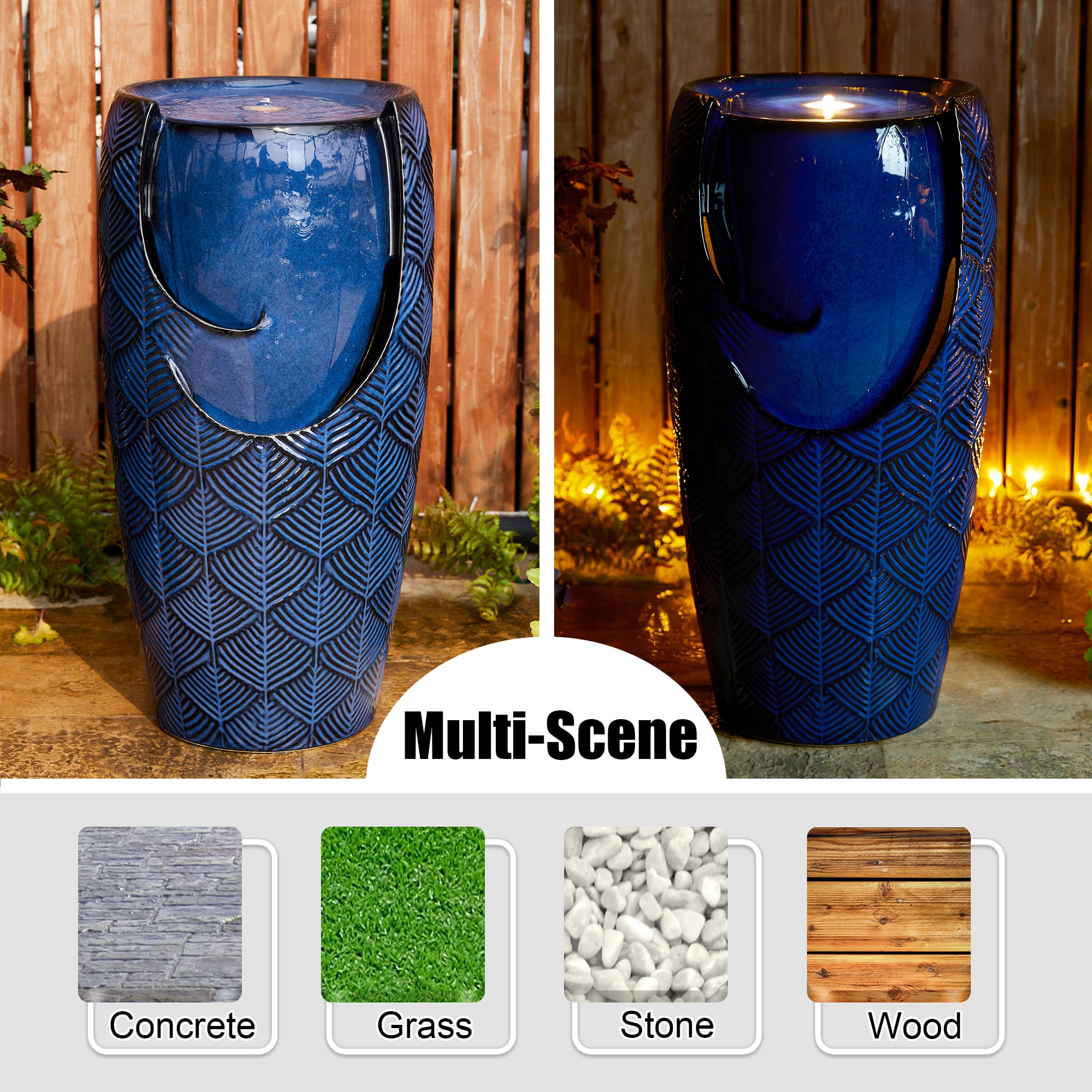 Glitzhome&#xAE; 29.25&#x22; LED Cobalt Blue Scale-Like Ceramic Pot Outdoor Floor Fountain