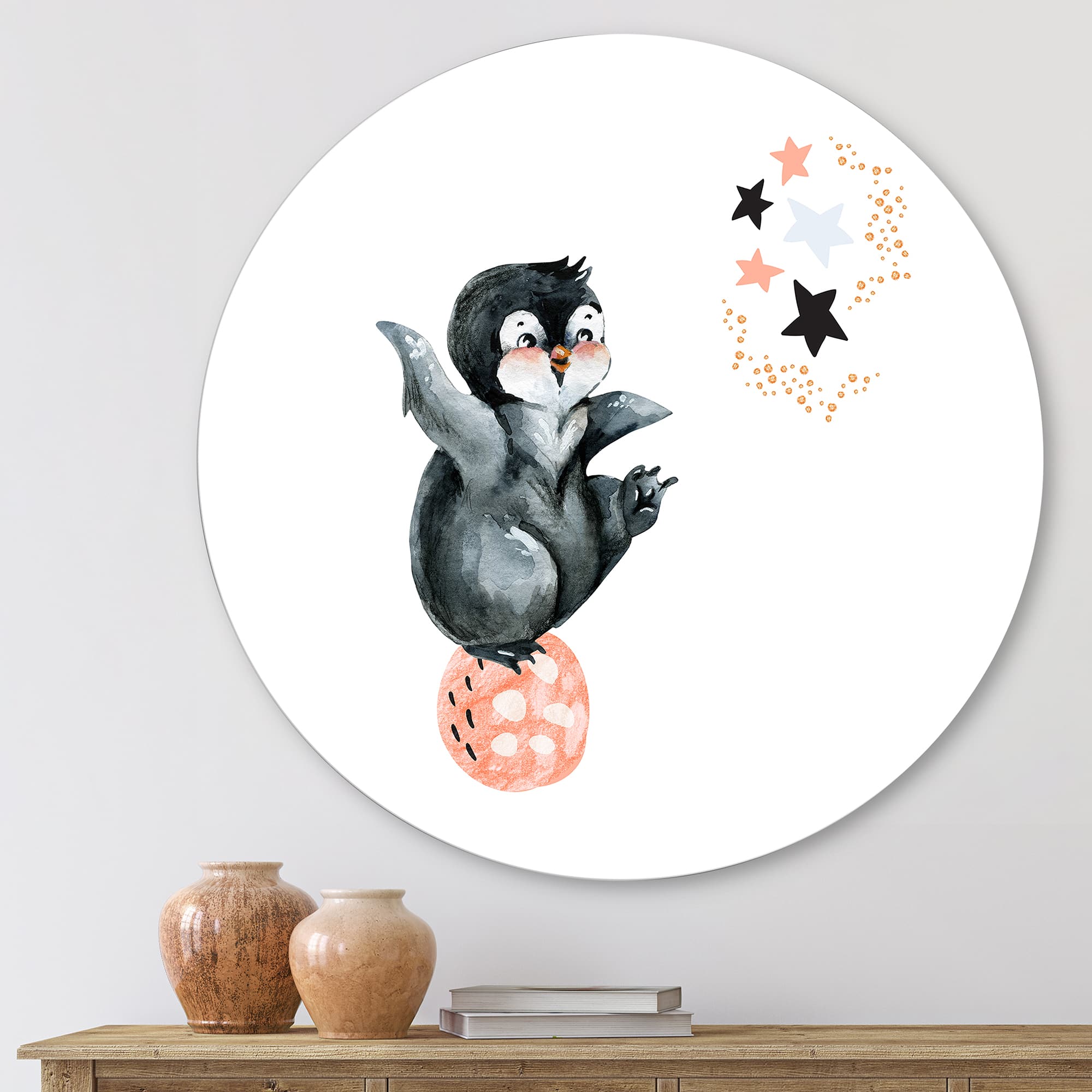 Designart - Little Penguin With Stars and Planets II - Farmhouse Metal Circle Wall Art