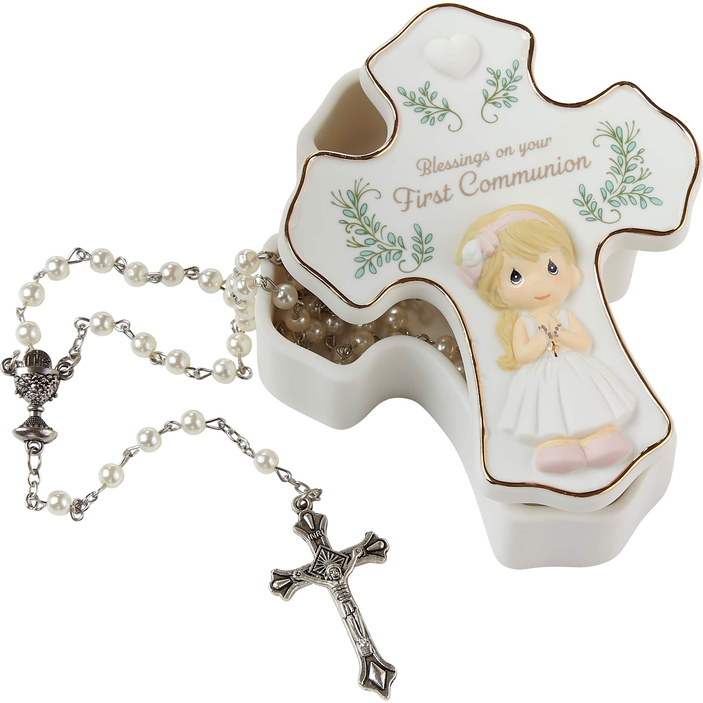 Precious Moments Blessings On Your First Communion Girl Bisque Porcelain &#x26; Plastic Rosary Box With Rosary