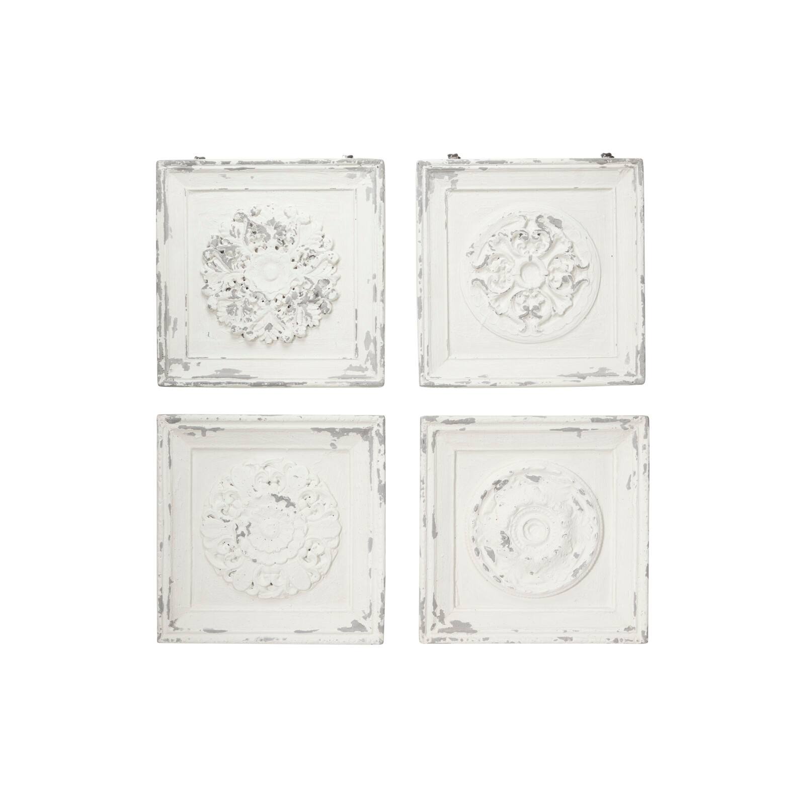 Set of 4 White Fiberglass Vintage Floral Wall Decor, 19&#x22; x 19&#x22;