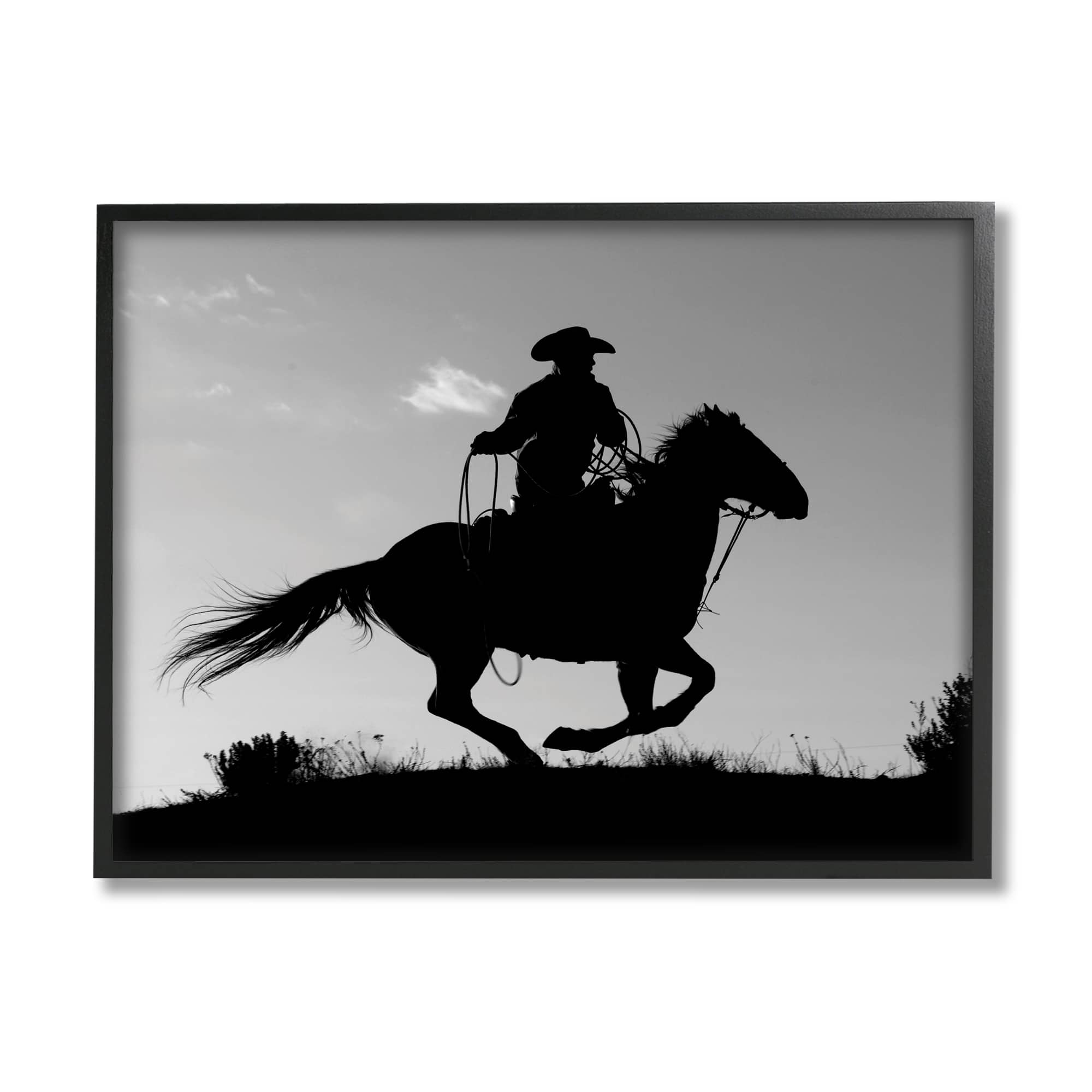 Stupell Industries Southwestern Cowboy Silhouette Black White Horse in Black Frame Wall Art