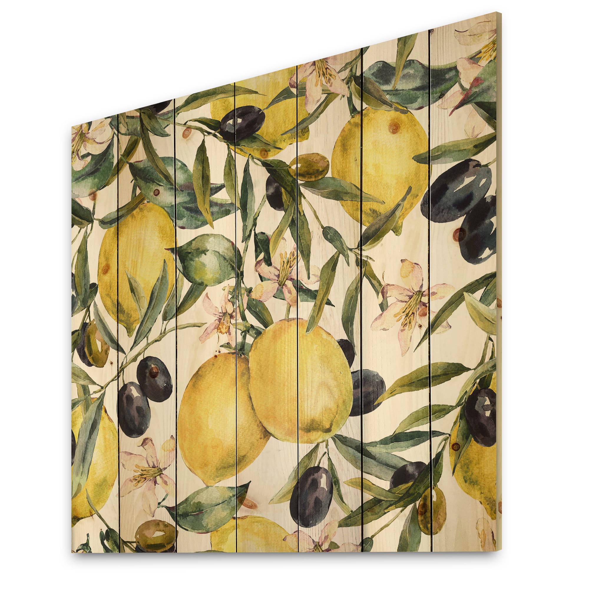 Designart - Lemon and Olive Branches I - Tropical Print on Natural Pine Wood