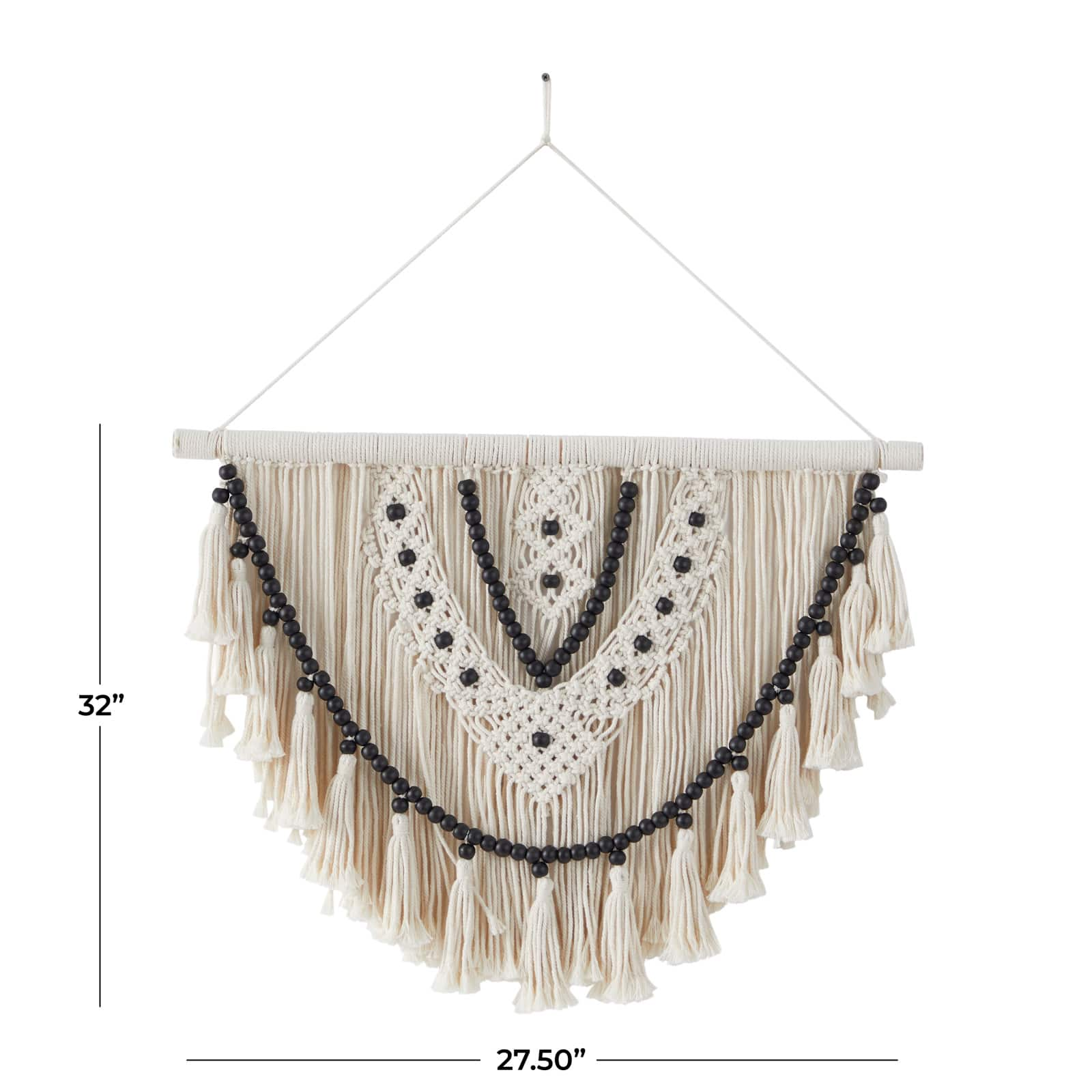 White Cotton Handmade Intricately Weaved Macrame Wall Decor with Beaded Fringe Tassels 28&#x22; x 1&#x22; x 32&#x22;