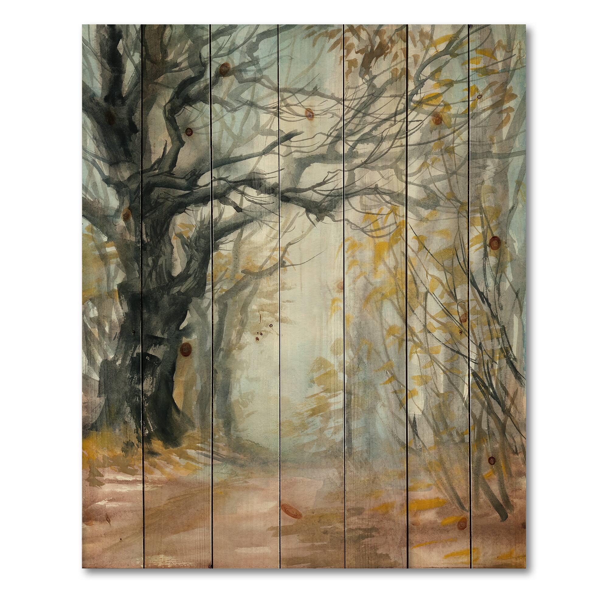 Designart - Autumn Misty Forest - Lake House Print on Natural Pine Wood