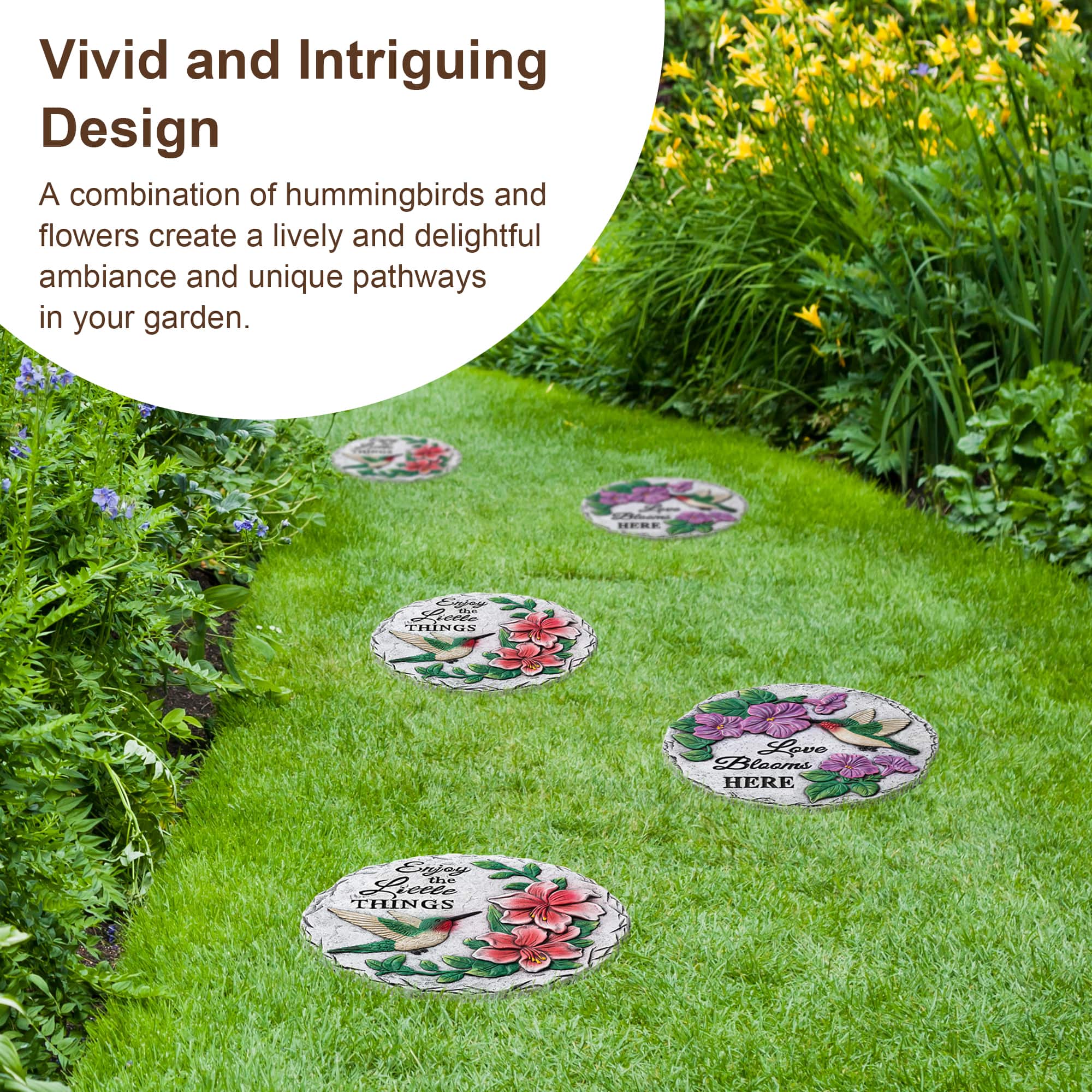 Glitzhome&#xAE; 10&#x22; Cement Hummingbird &#x26; Flower Textured Stepping Stones Set