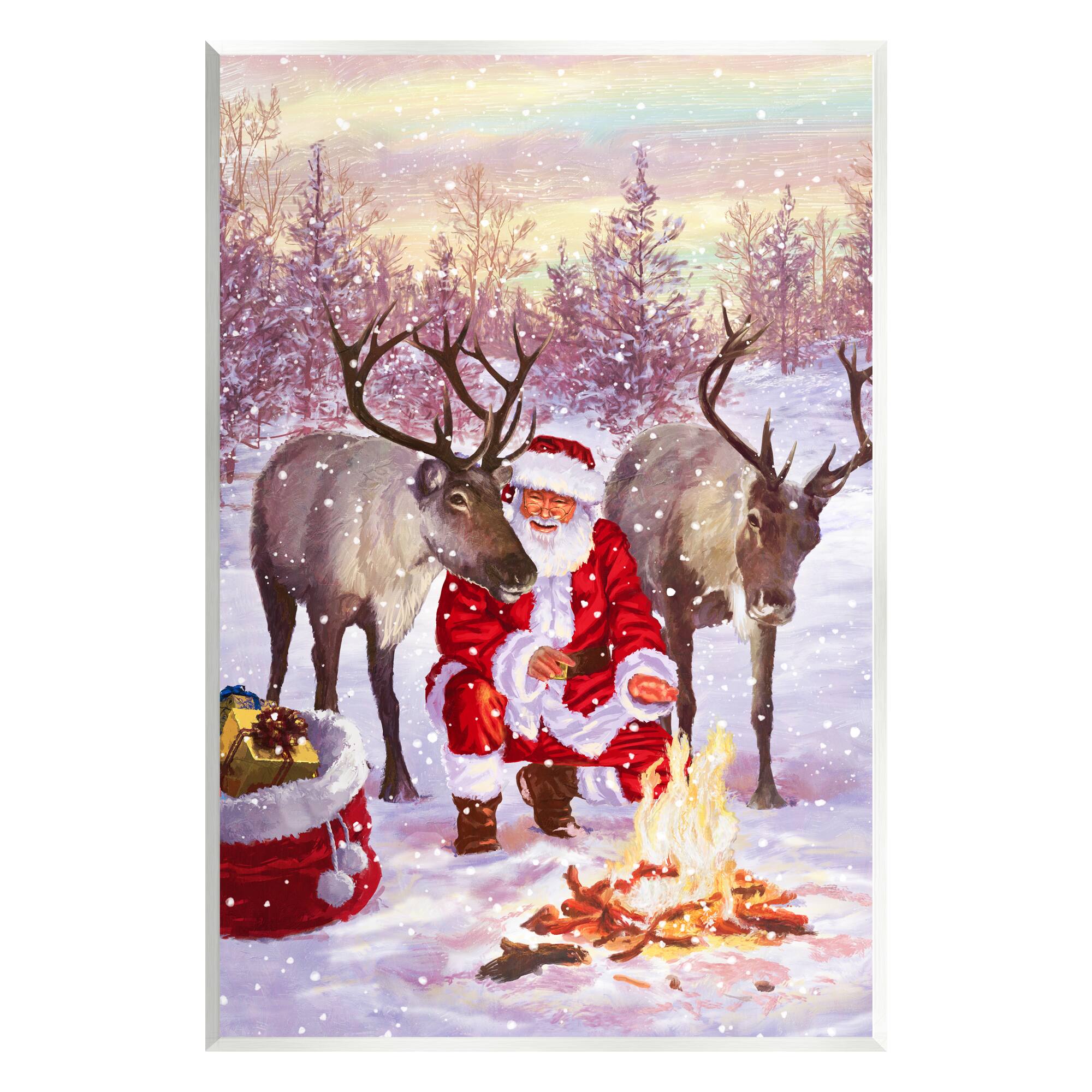 Stupell Industries Santa &#x26; Reindeer Bonfire Scene Wall Plaque Art