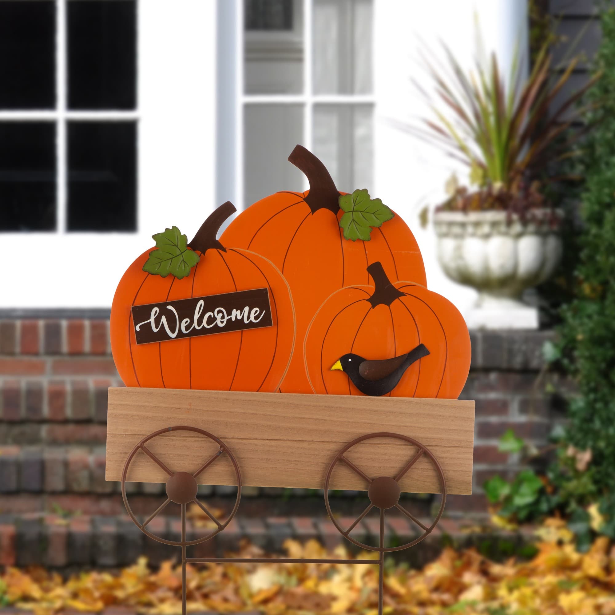 26" GlitzHome® Wooden Pumpkin Cart Yard Stake