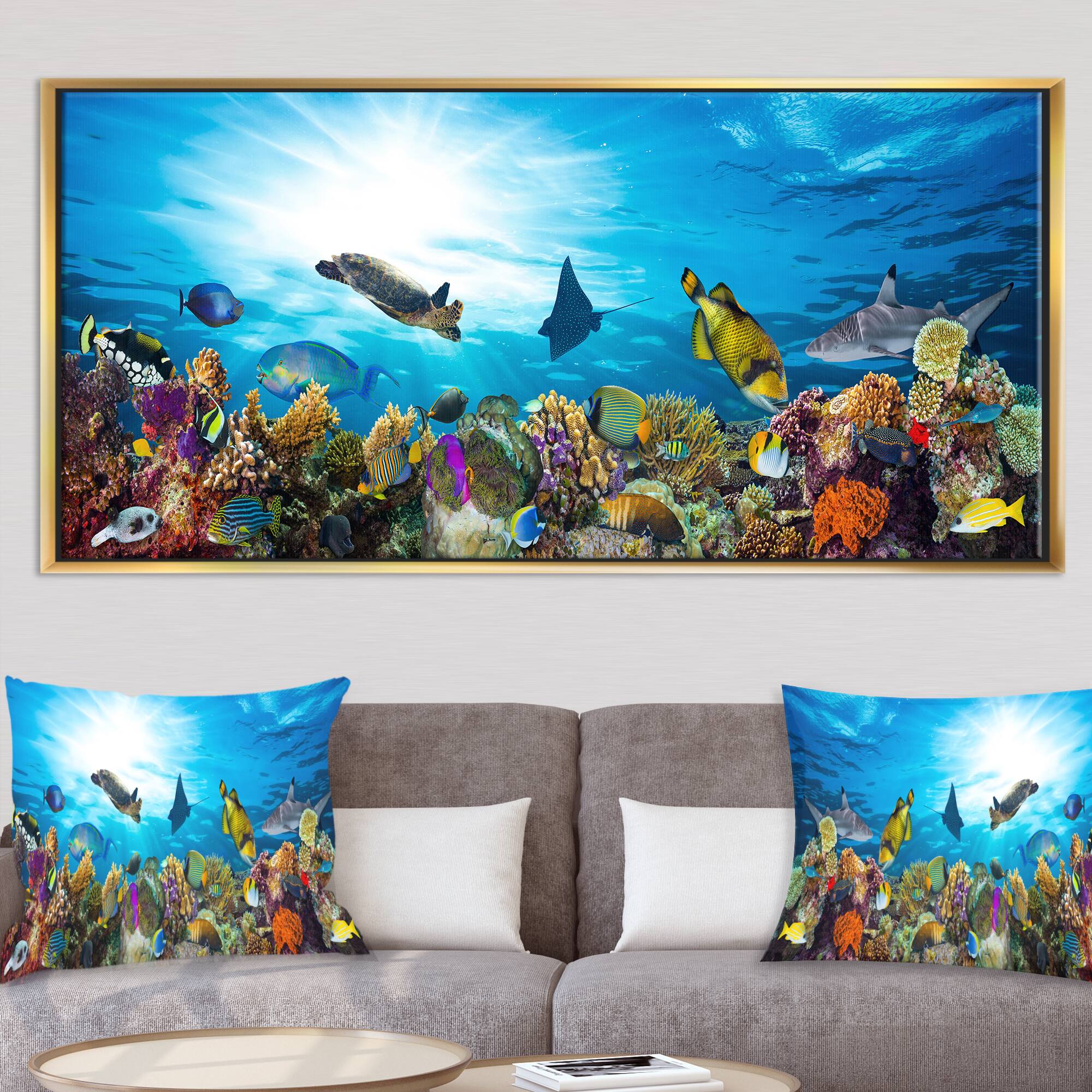 Designart - Colorful Coral Reef with Fishes - Seascape Framed Canvas Art Print